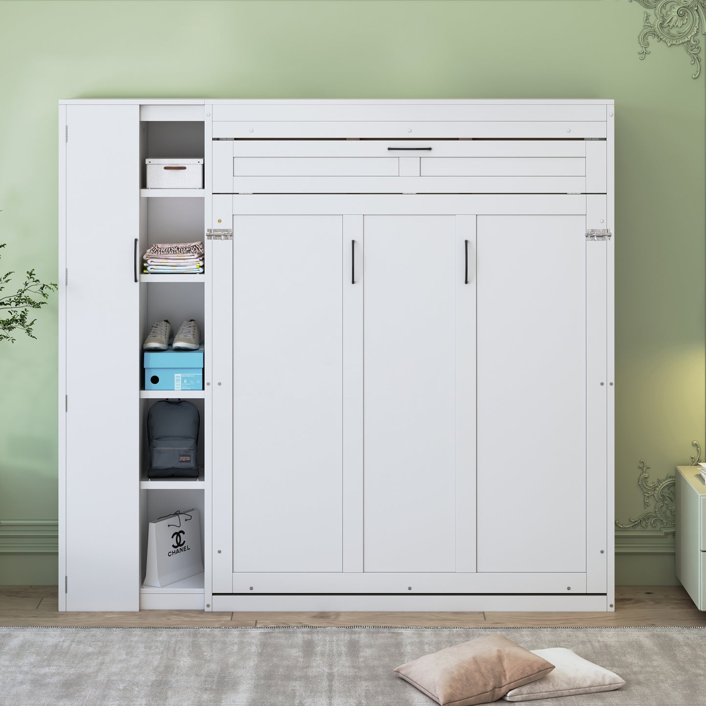 Full Size Murphy Bed Wall Bed with Shelves, Wardrobe and LED Lights,White