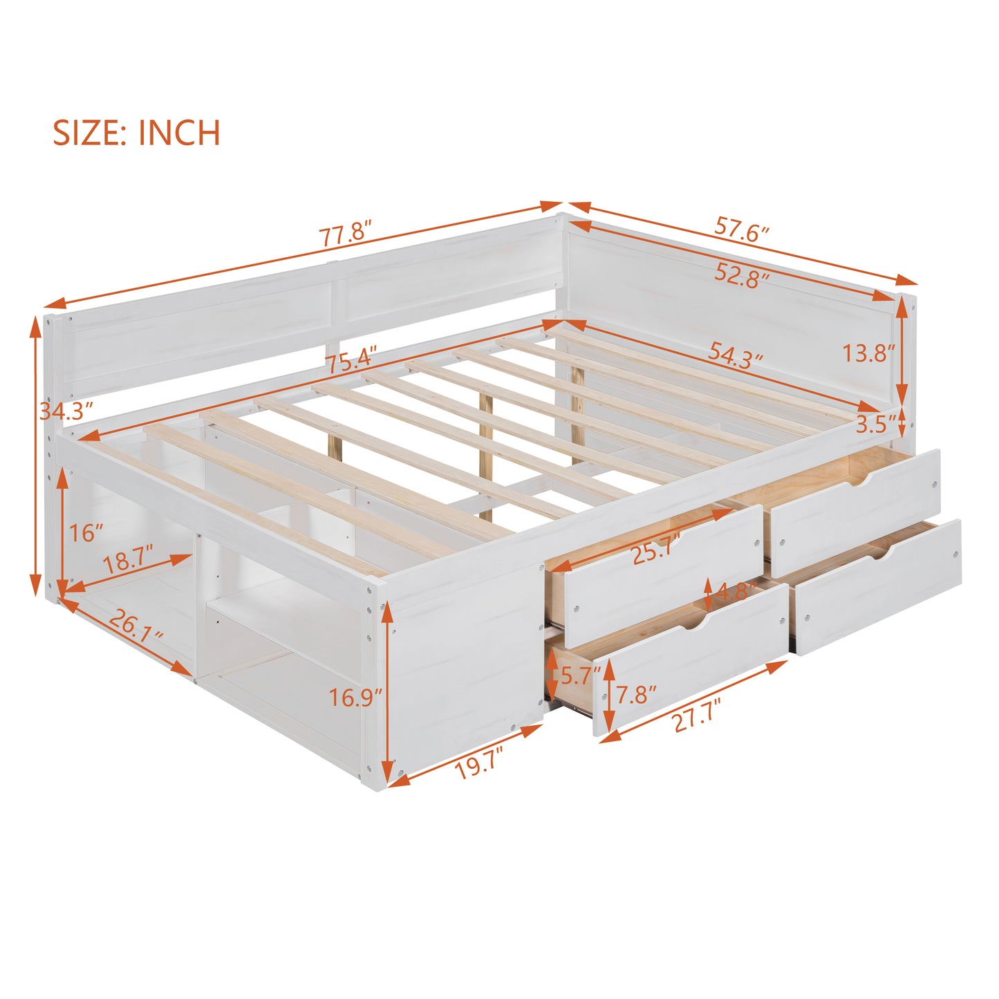 Full Size White Solid Wood Daybed with Drawers for Bedroom