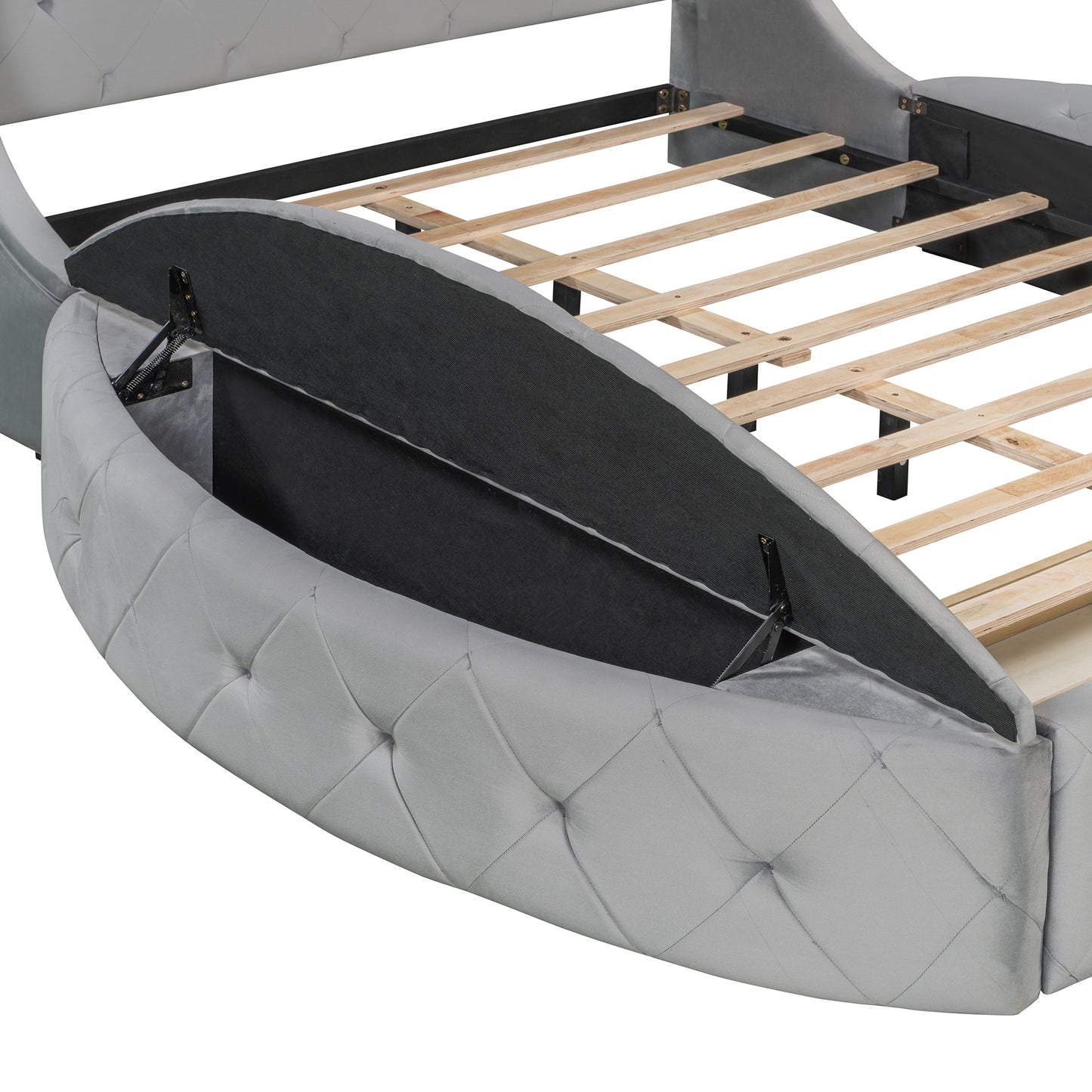 Gray Upholstered Platform Bed Queen - Storage & Wingback Headboard