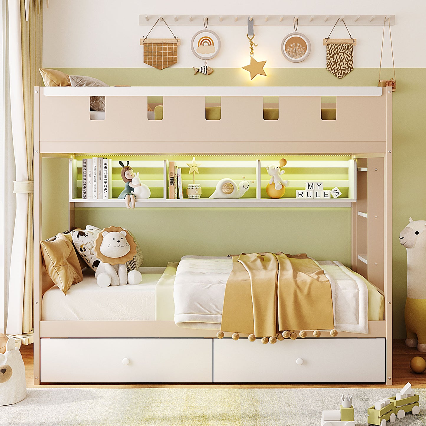 Twin Size Castle Style Bunk Bed with 2 Drawers,Shelf,and LED,White+Antique Pink