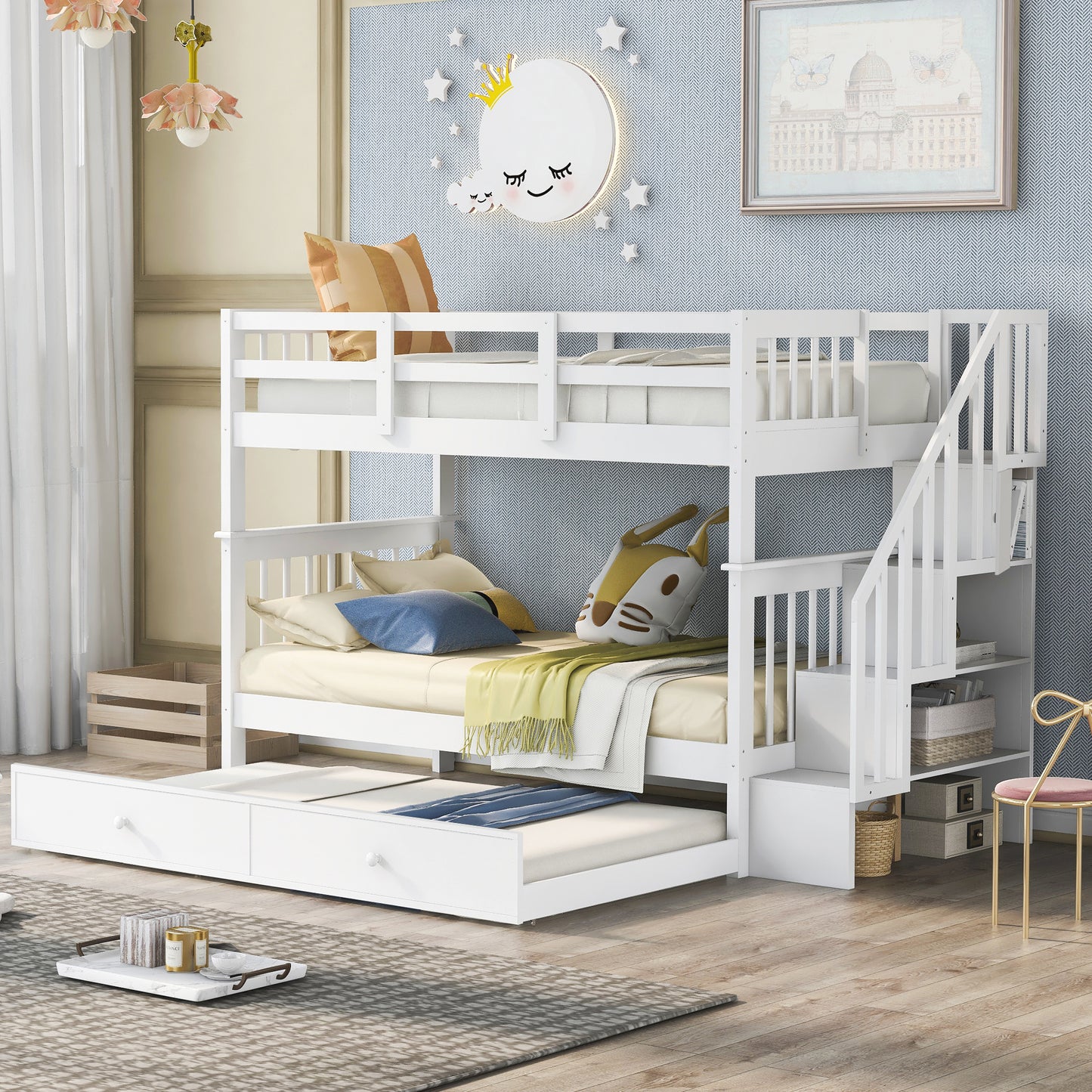 Stairway Twin-Over-Twin Bunk Bed with Twin size Trundle for Bedroom, Dorm, Adults, White( old sku:LT000209AAK )
