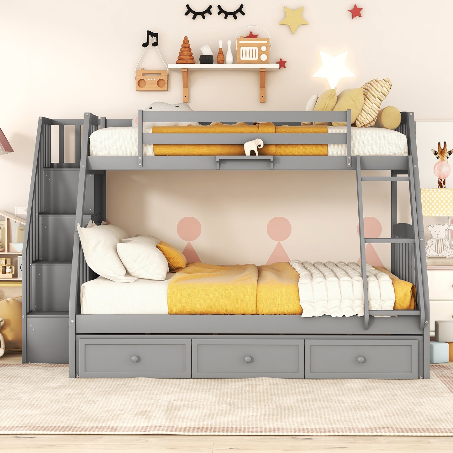 Twin-Over-Full Bunk Bed with Drawers,Ladder and Storage Staircase, Gray