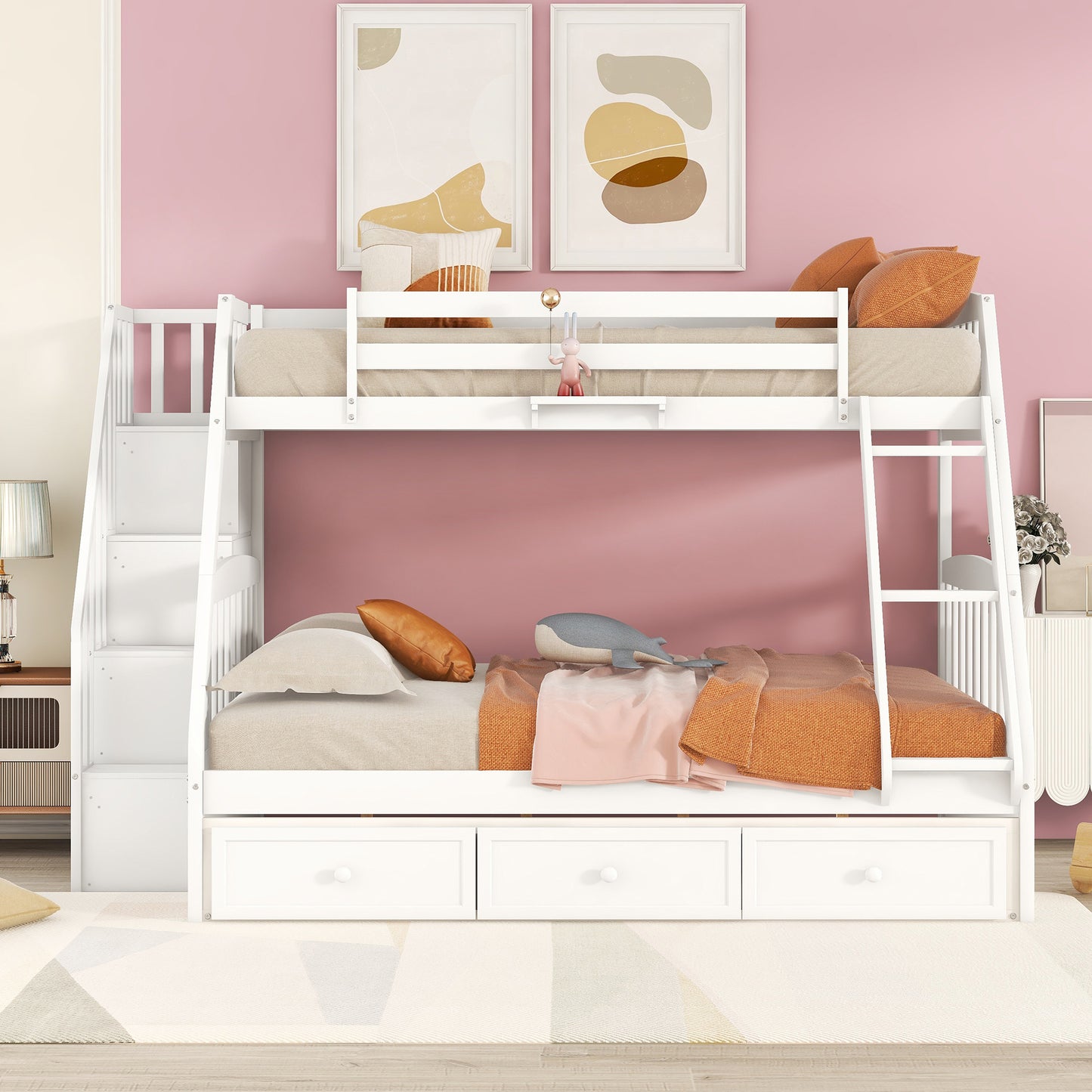 Twin-Over-Full Bunk Bed with Drawers,Ladder and Storage Staircase, White