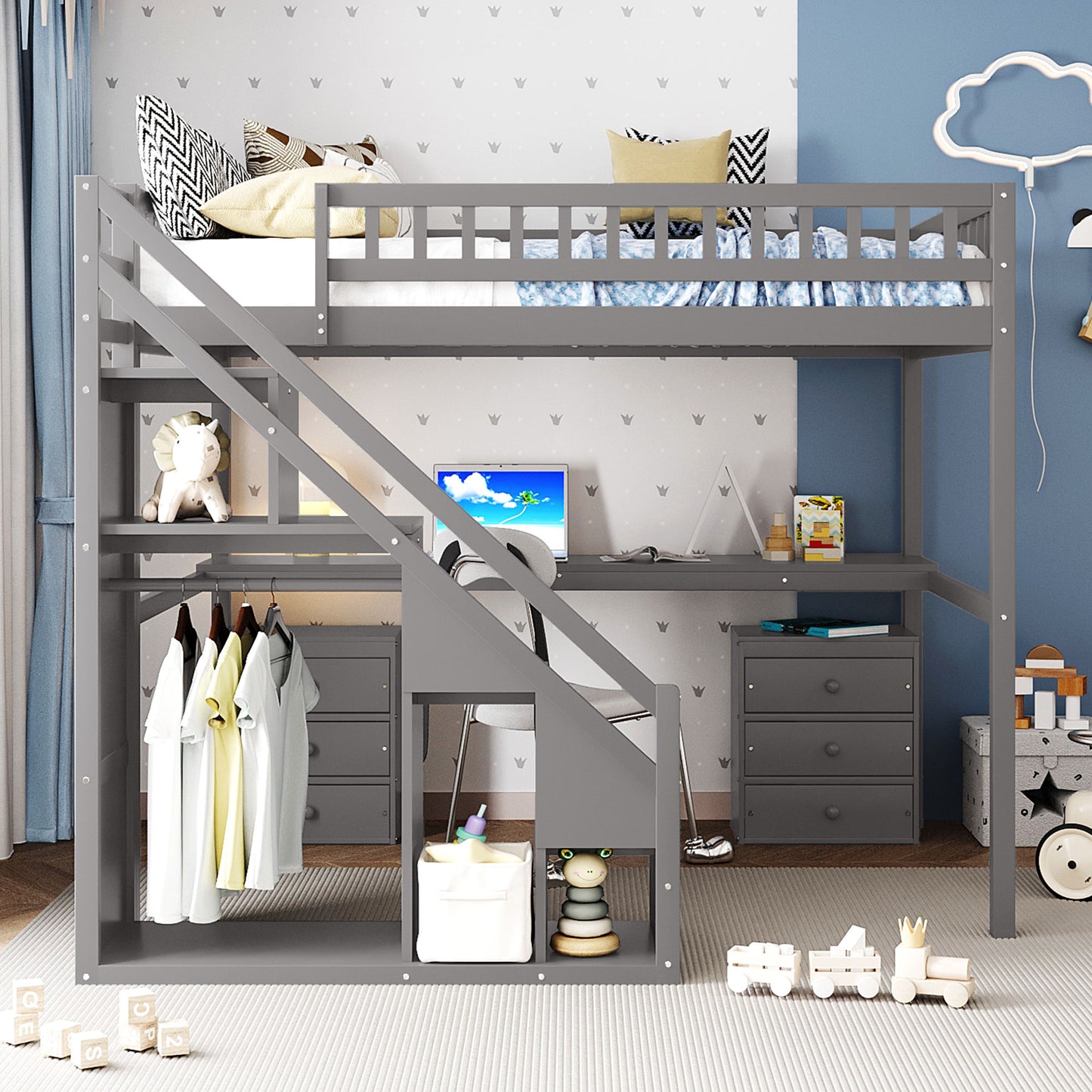 Full Size Loft Bed with Two Chest of Drawers, Desk and Light Strip, Gray(OLD SKU:LT000258AAE)