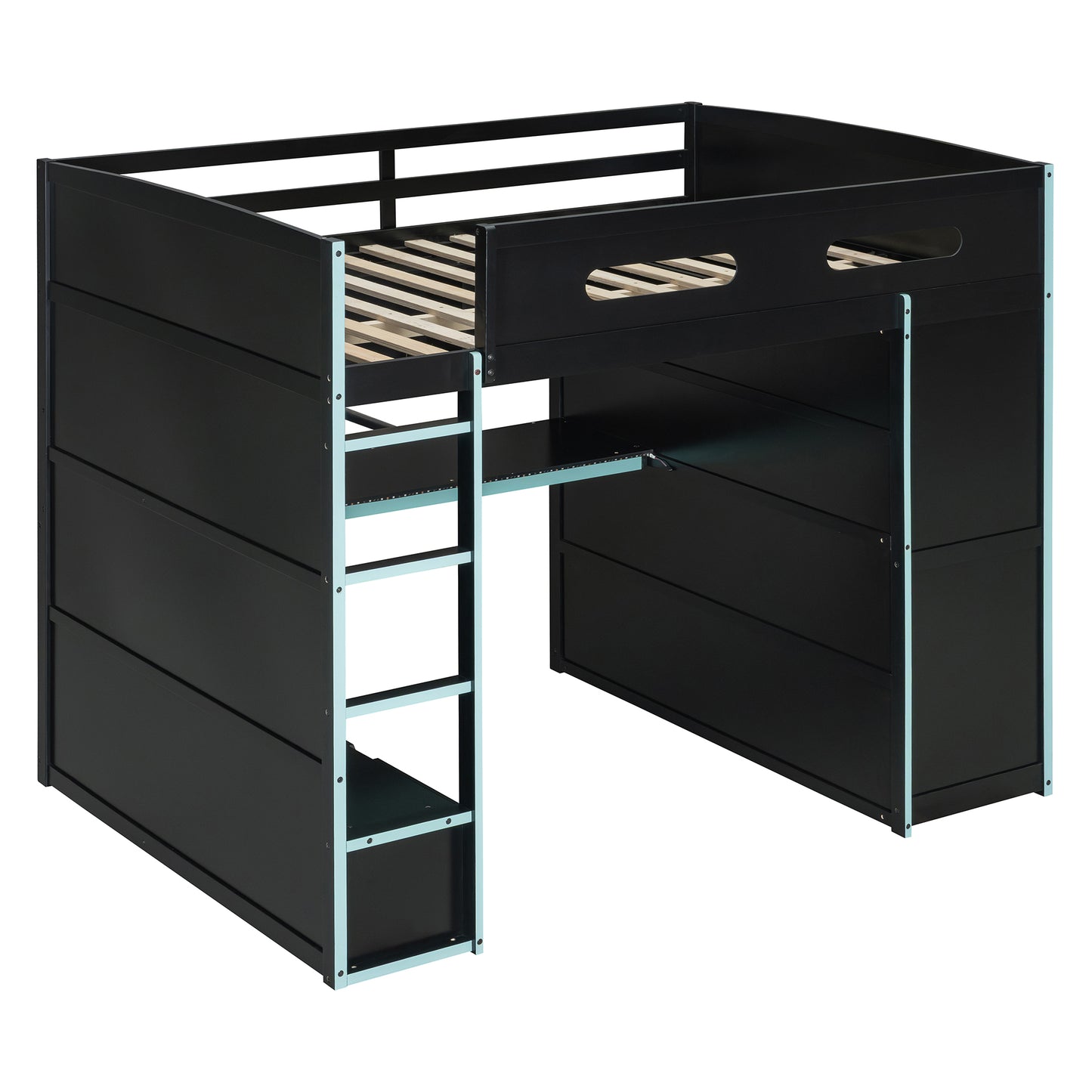 Full Size Blue Wood Loft Bed with Gamer Desk & Storage for Bedroom