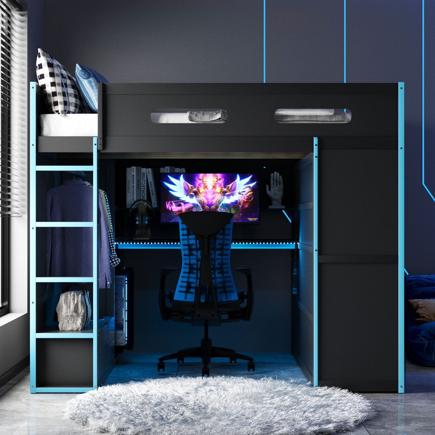 Full Size Wood Loft Bed with Desk,Wardrobe,Ample Storage Space,and RGB Light, Cloud Blue(OLD SKU:LT000261AAC)