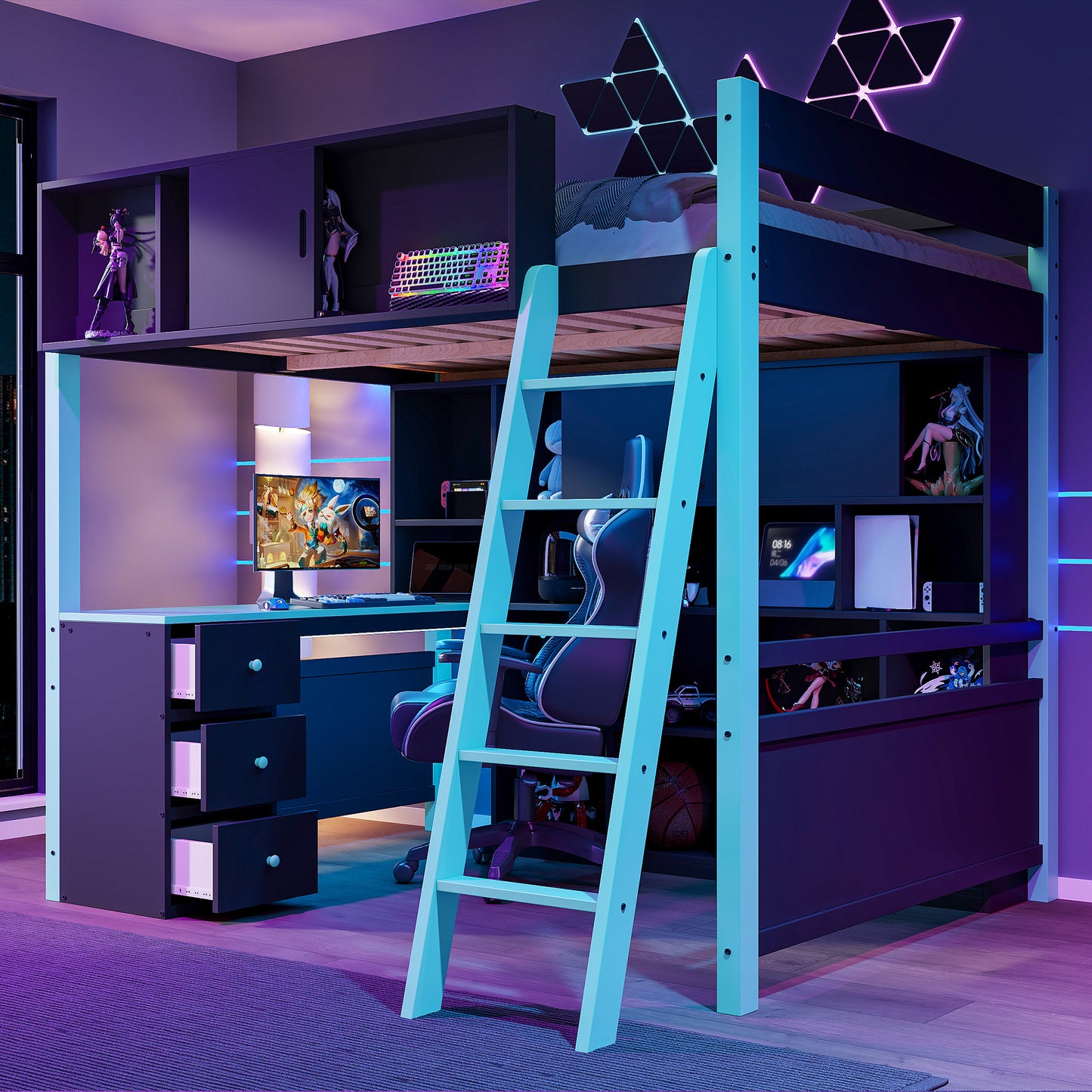 Full Size Wood Loft Bed with Desk, Ample Storage Space and Light, Blue