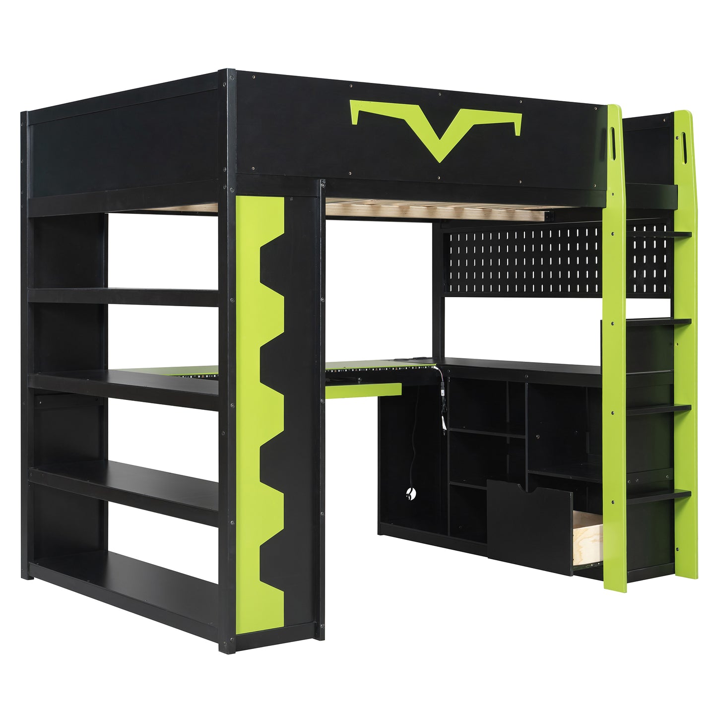 Full Size Green Wood Gaming Bed with Desk & RGB Lights for Bedroom