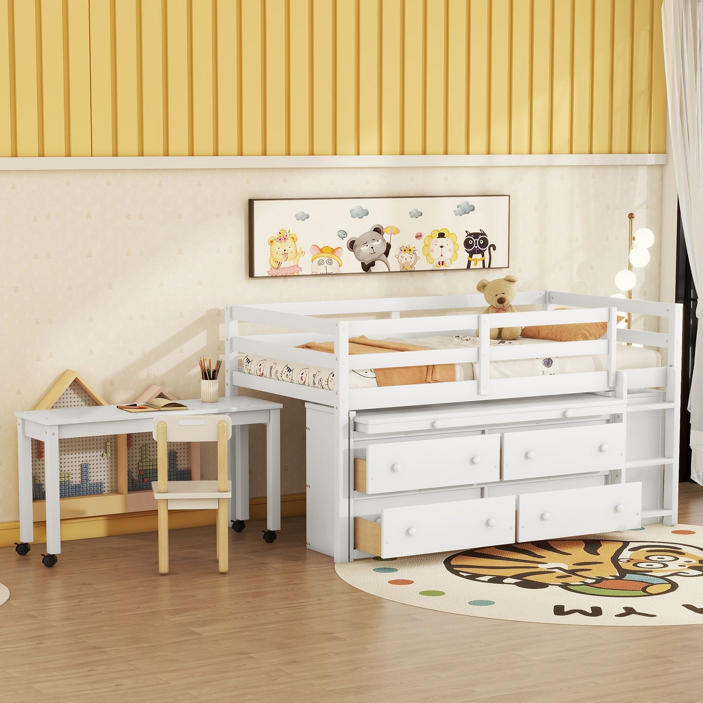 Twin Size Loft Bed with Retractable Writing Desk and 4 Drawers, Wooden Loft Bed with Lateral Portable Desk and Shelves, White