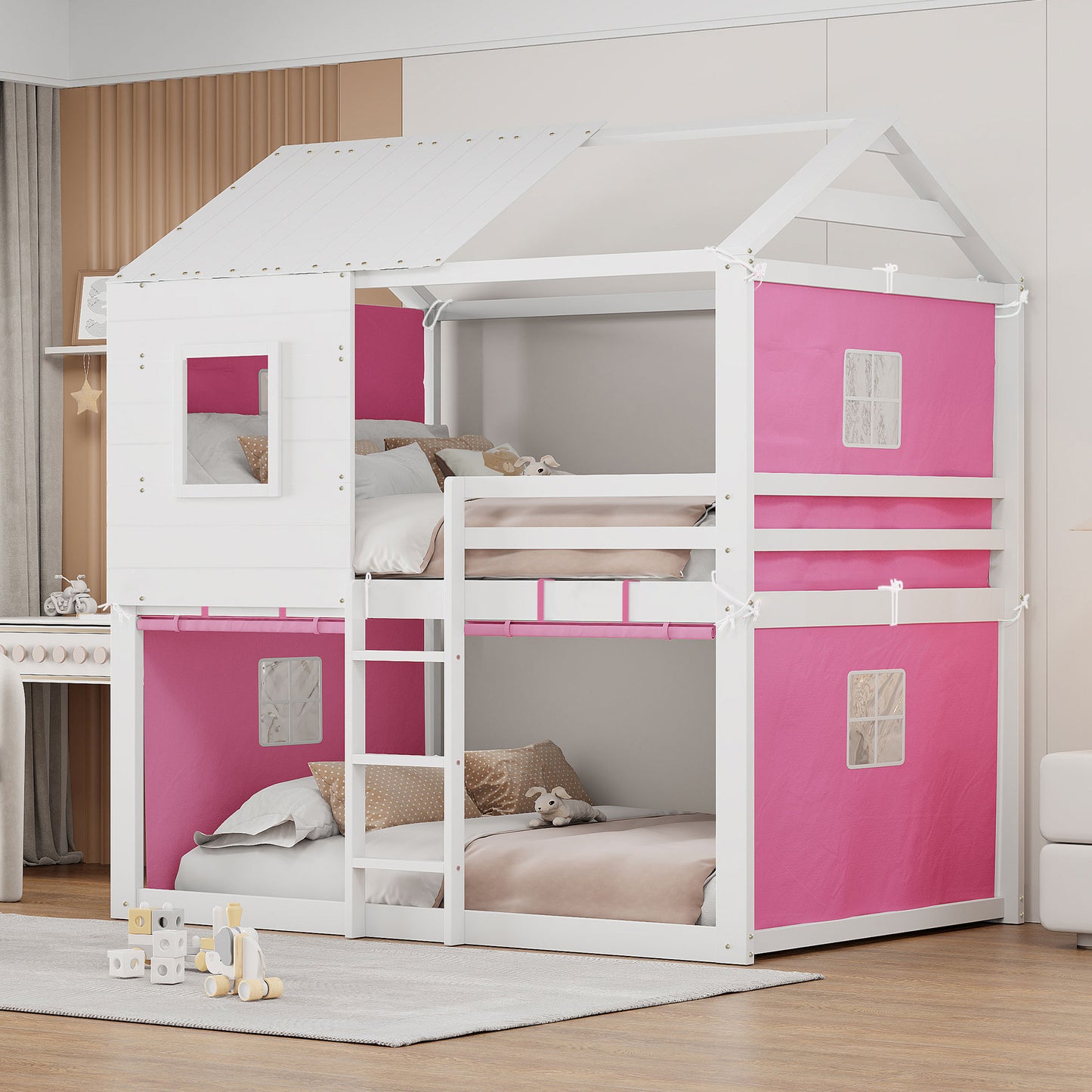 Full Size Bunk Wood House Bed with Tent, Pink+White(OLD SKU:LT000380AAH)