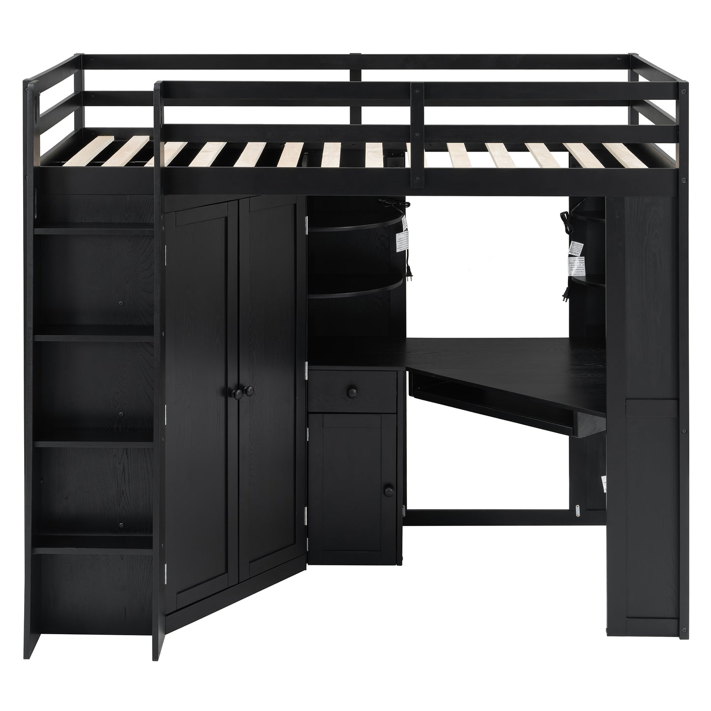 Twin Loft Bed with Wardrobe & Desk - Black Wood Frame for Bedroom
