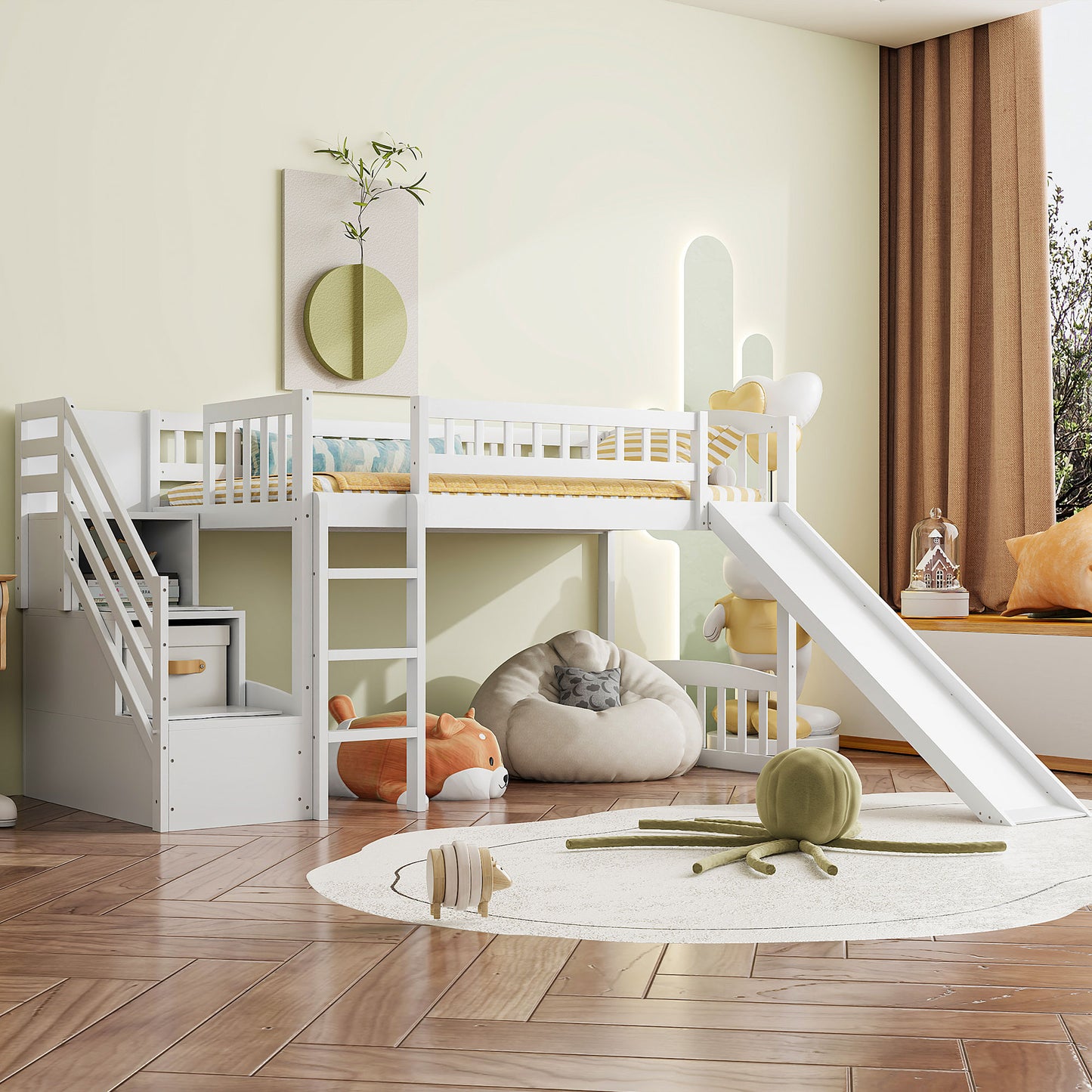 Stairway Twin Size Loft Bed with Two Drawers and Slide, White(OLD SKU:LT000515AAK-1)