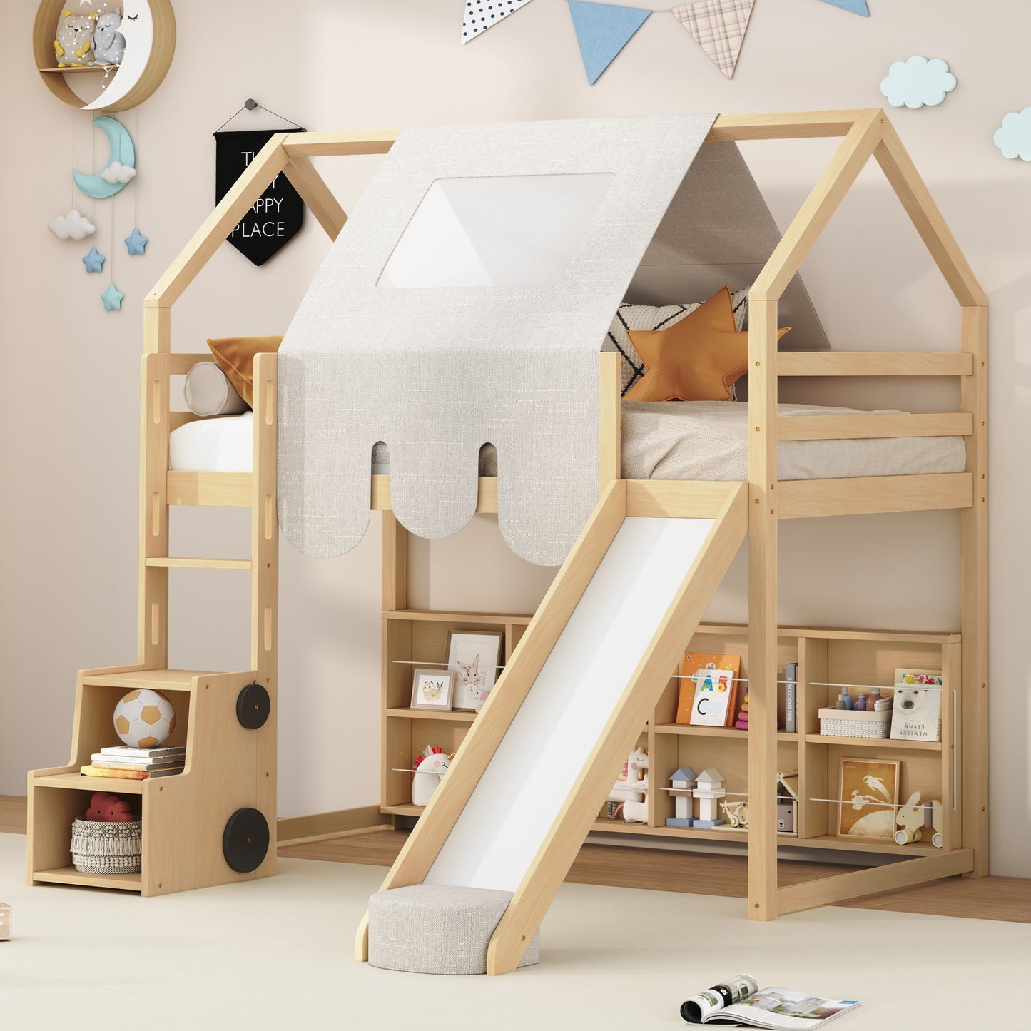 Twin size Wooden Loft Bed House-shaped Frame with a Tent, Natural+Beige(OLD SKU:LT000682AAD)