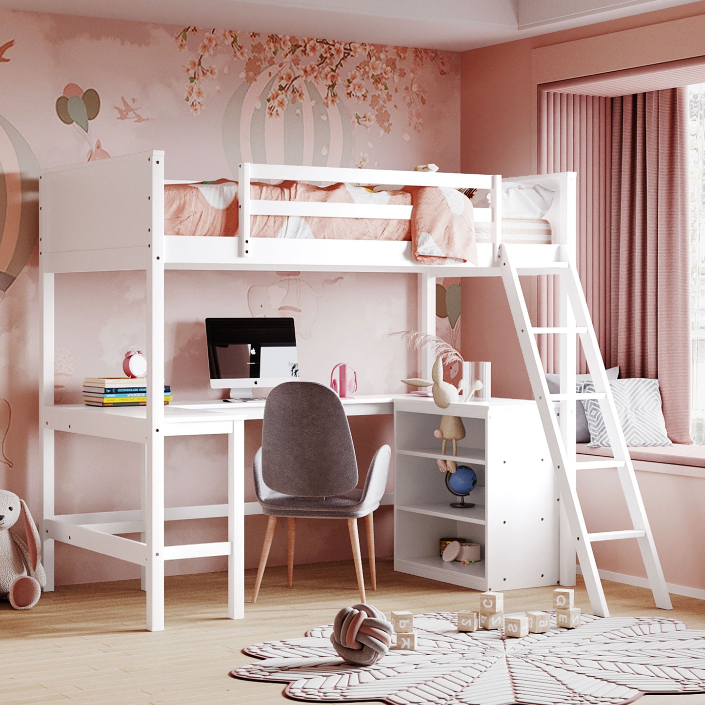 Twin size Loft Bed with Shelves and Desk, Wooden Loft Bed with Desk - White(OLD SKU:LT001537AAK)