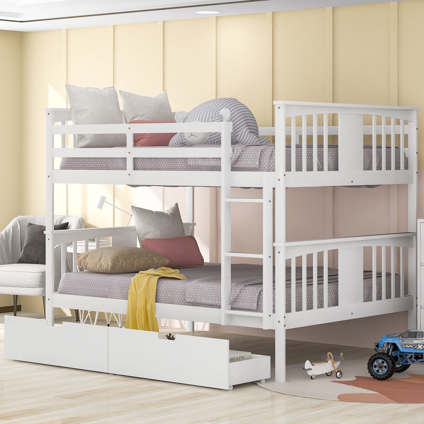 Full over Full Bunk Bed with Drawers and Ladder for Bedroom, Guest Room Furniture-White(OLD SKU :LT000205AAK)