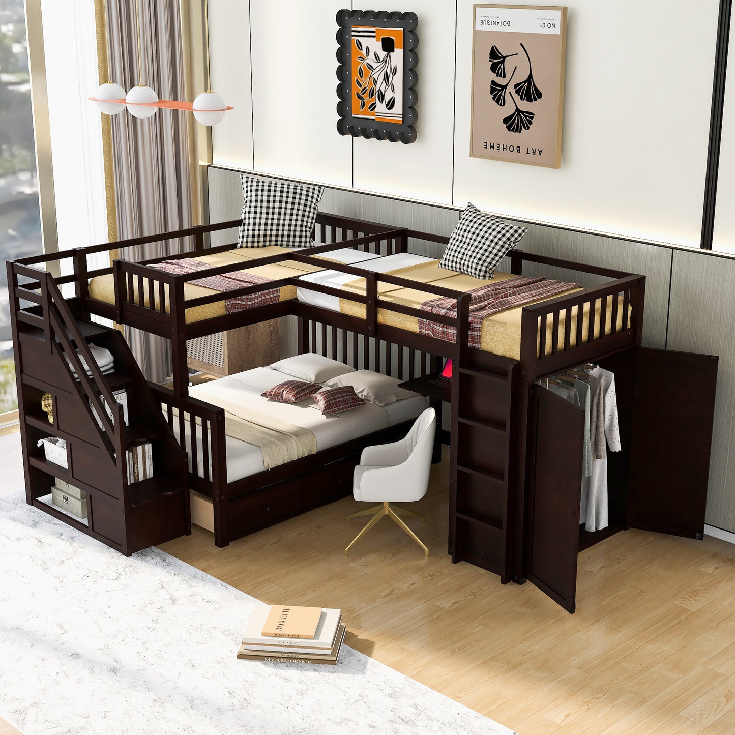 Twin-Twin over Full L-Shaped Bunk Bed With 3 Drawers, Portable Desk and Wardrobe, Espresso(OLD SKU:LT100542AAP)