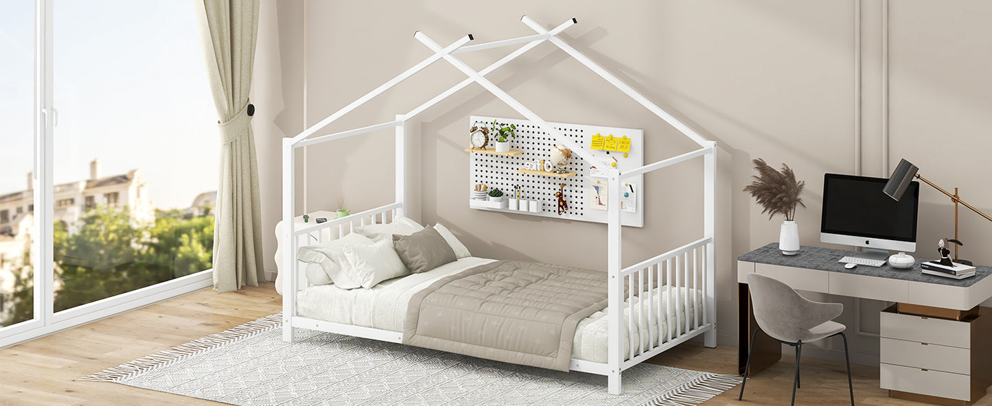 Twin Size Metal House Bed, White - No Box Spring Needed