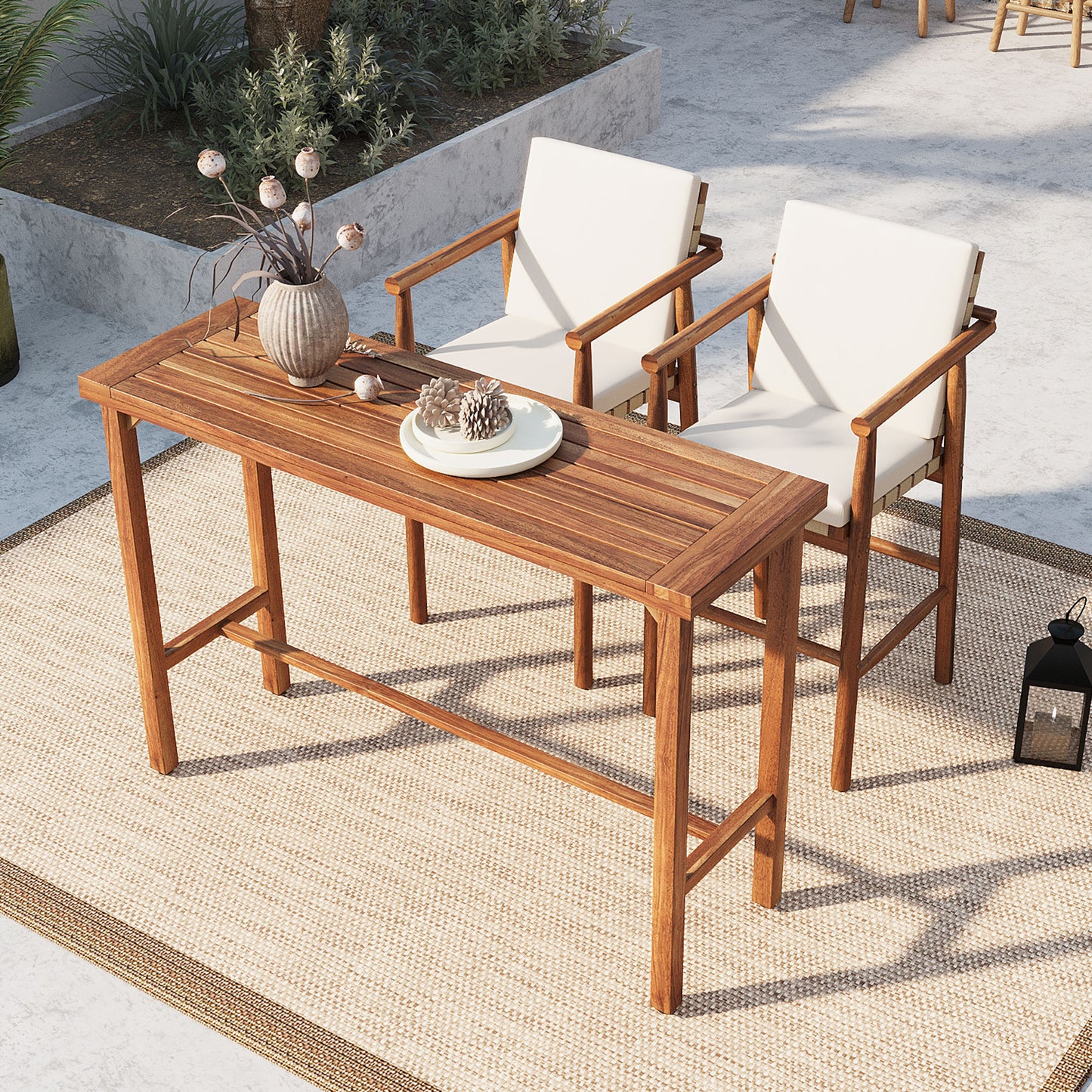 3 Piece Outdoor Bar Set, Patio Acacia Wood Bar Height Table & 2 Stools with Cushions, Wood Dining Bar Set for Backyard, Poolside, Balcony, Beige Cushions