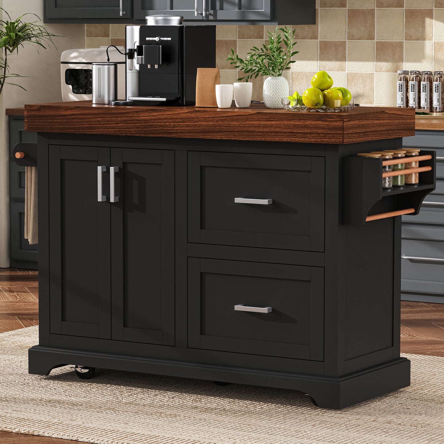 K&K 53" Large Kitchen Island with 3.5" Thick Desktop, Spice and Towel Racks, Rolling Kitchen Island with Storage on 5 Wheels, 2 Extra-large Drawers, for Home, Kitchen, Dining Room, Black
