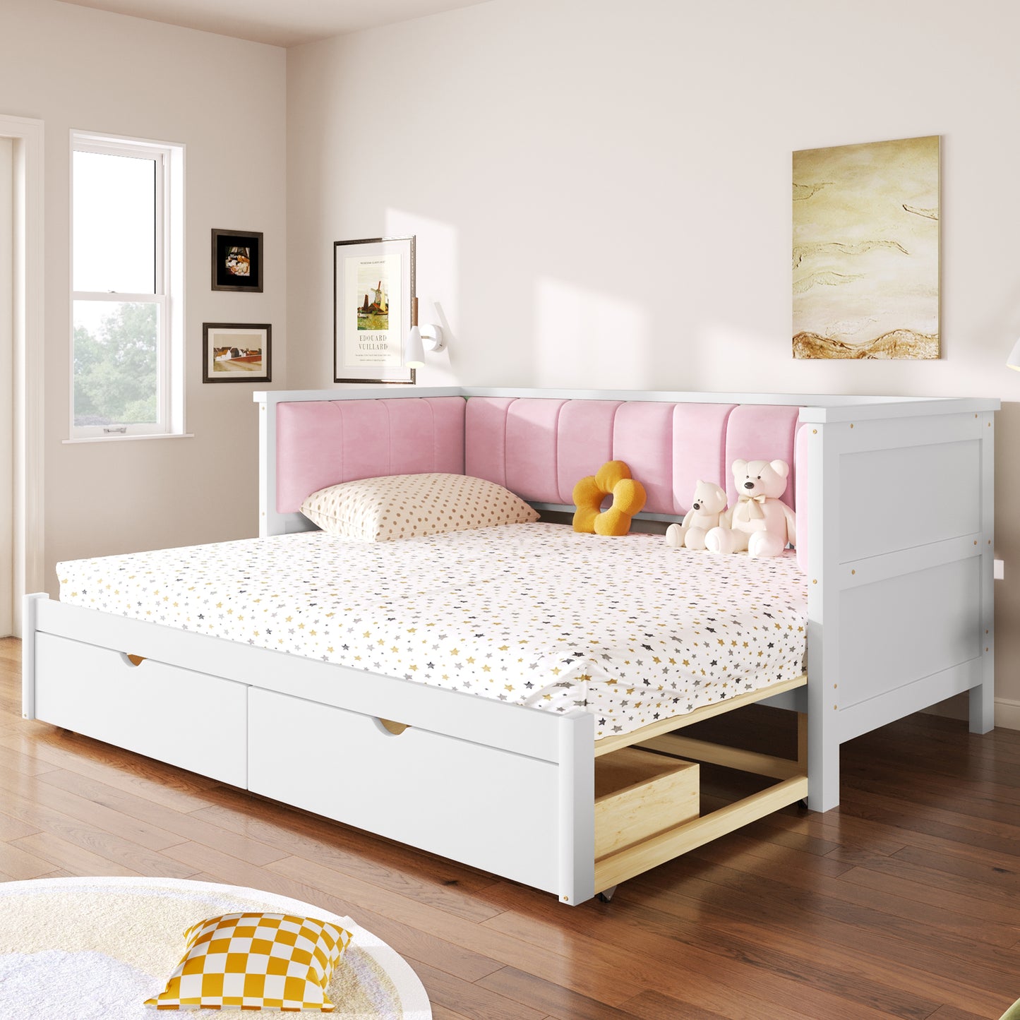 Twin XL to King Size Daybed with Two Storage Drawers and Upholstered Backrest, White+Pink