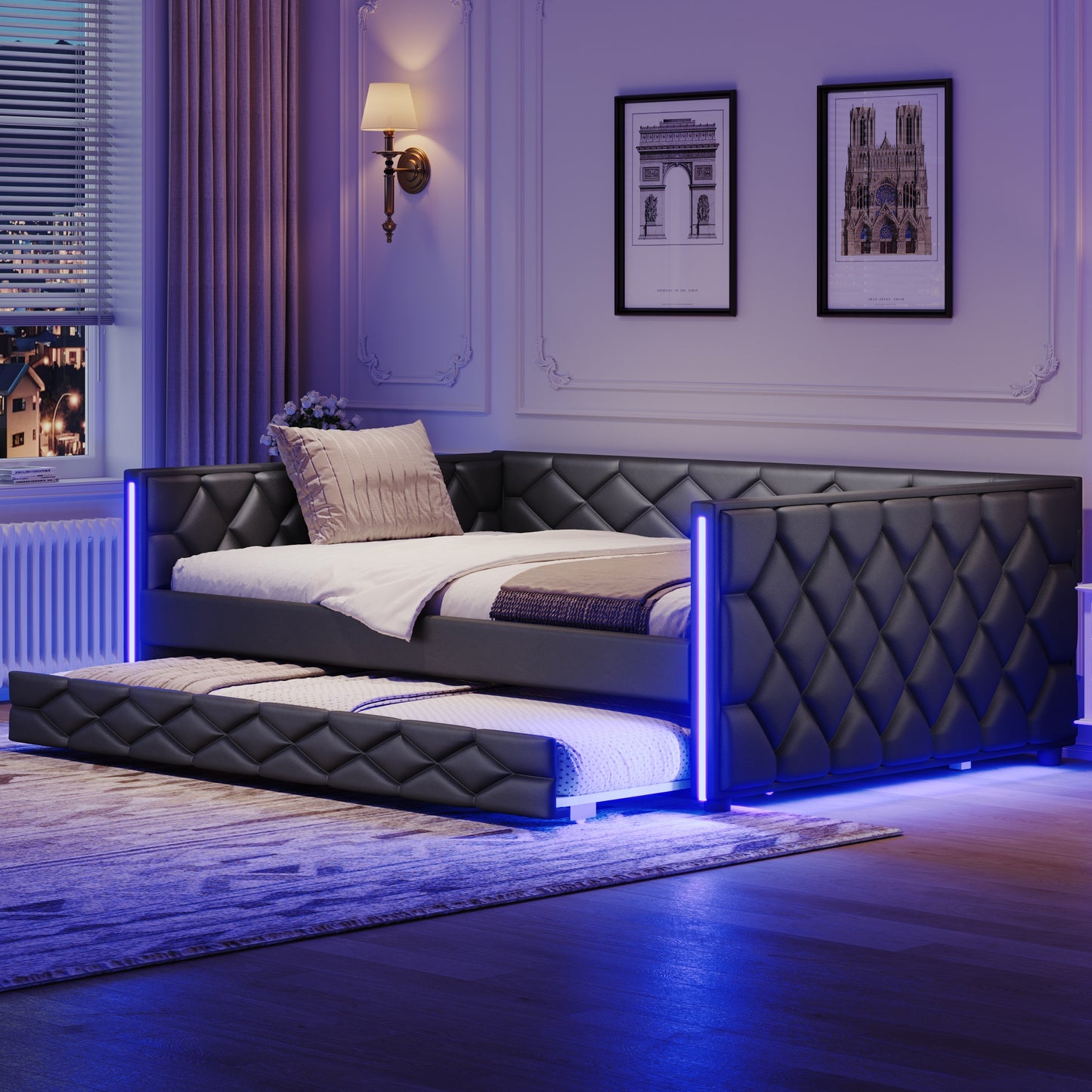 Full XL Size Upholstered Daybed with Trundle and LED, Black