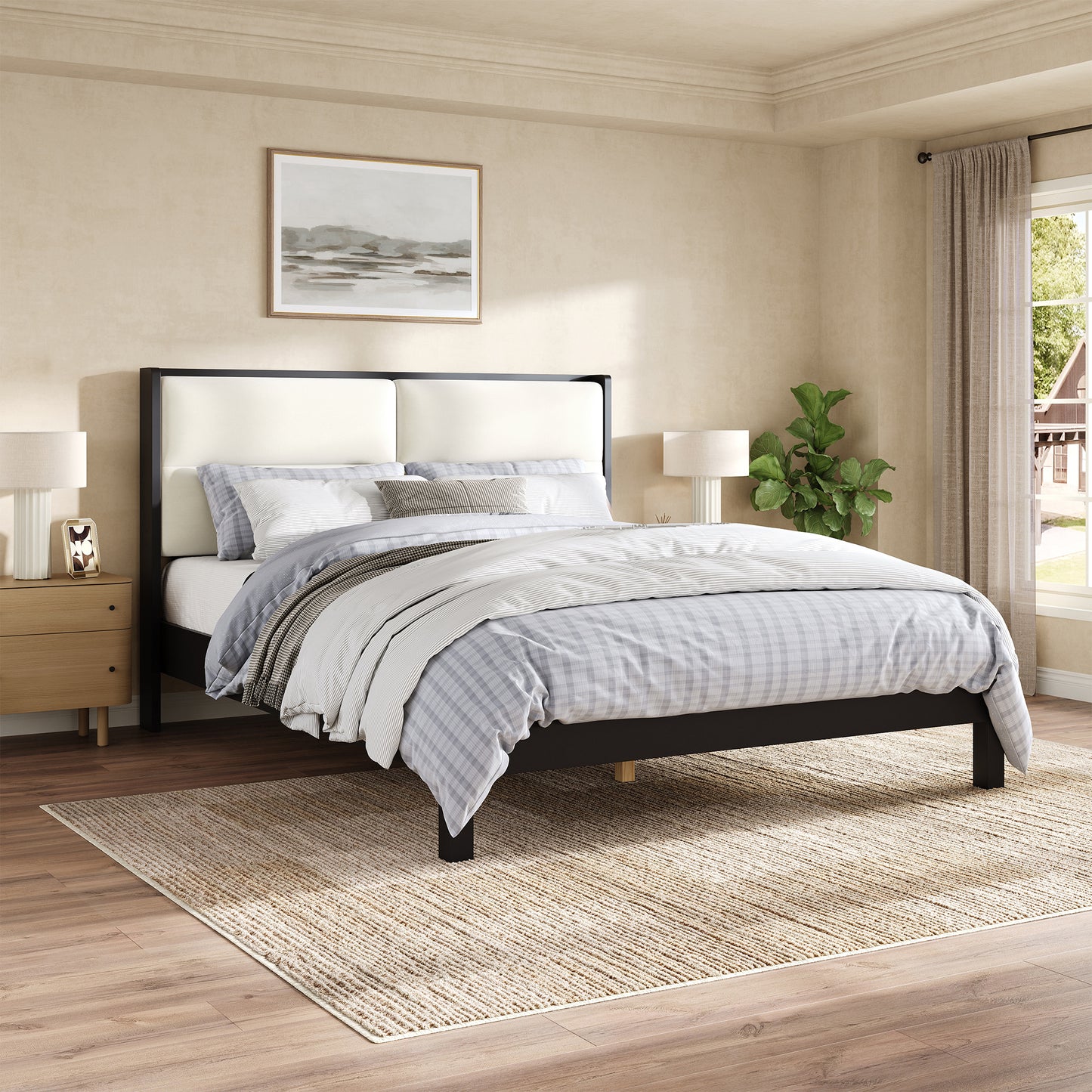 Solid Wood Queen Size Platform Bed Frame with Beige Velvet Upholstered Headboard, Black, No Box Spring Needed