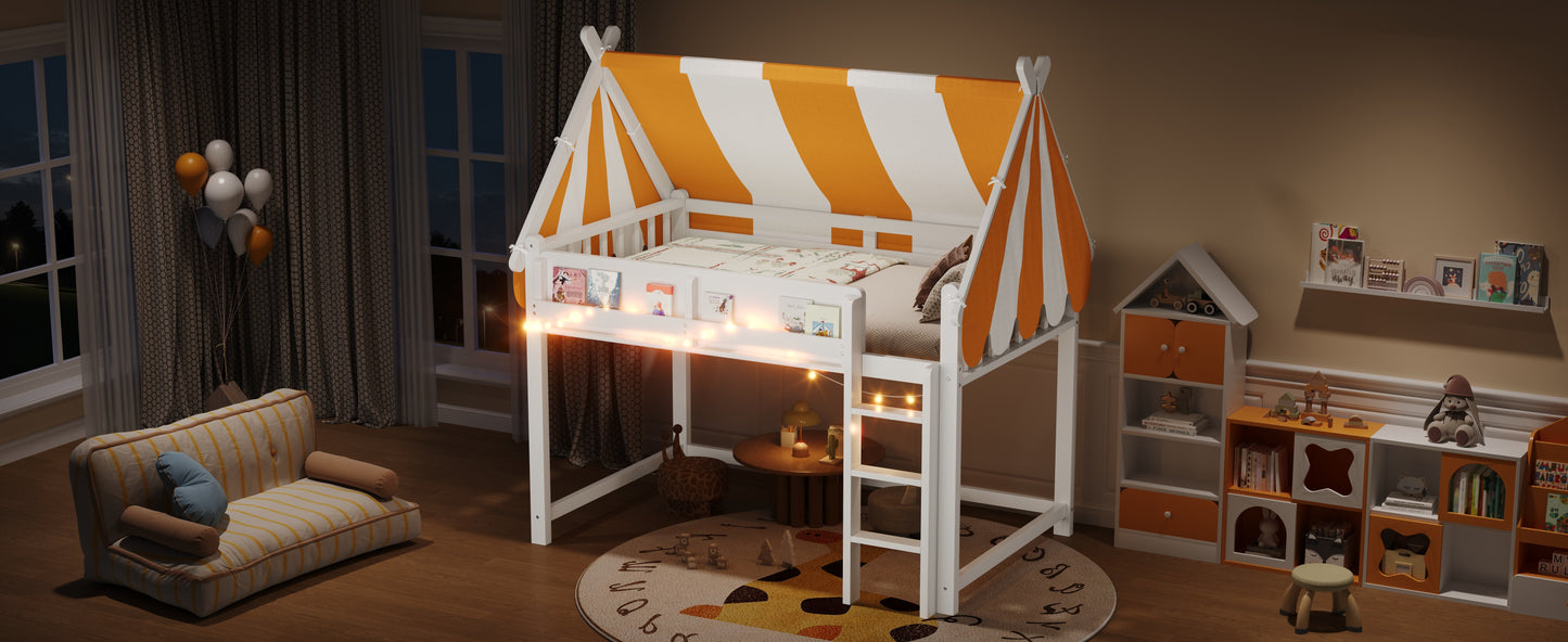 Full Size Loft Bed with Canopy - White & Wood