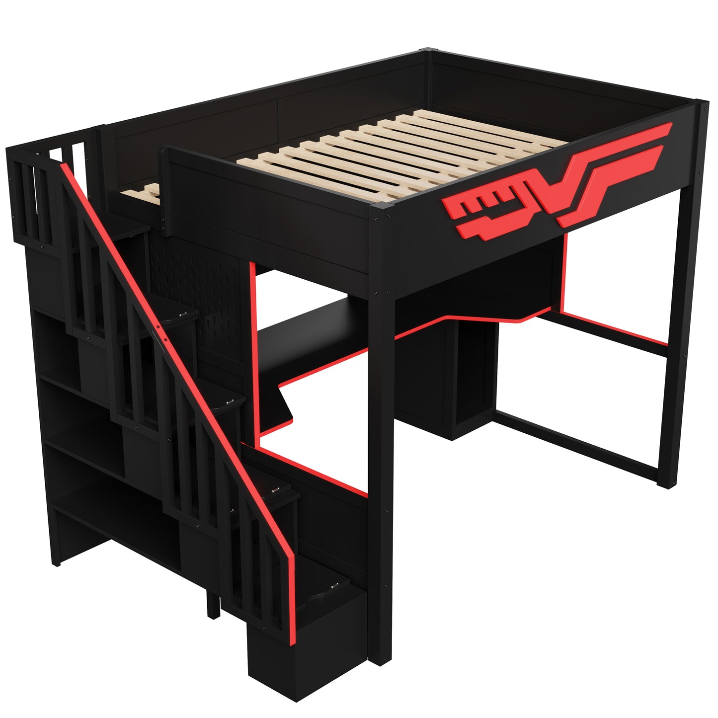 Full Size Gaming Bed with Desk & Storage - Red+Black for Bedroom