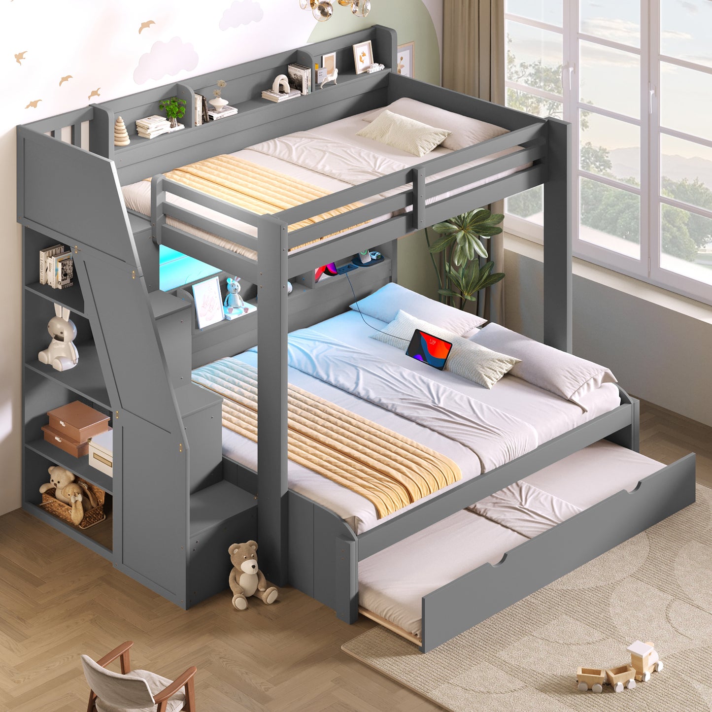 Twin over Full Bunk Bed with Storage Staircase, Trundle, Storage Shelves, LED and USB, Grey
