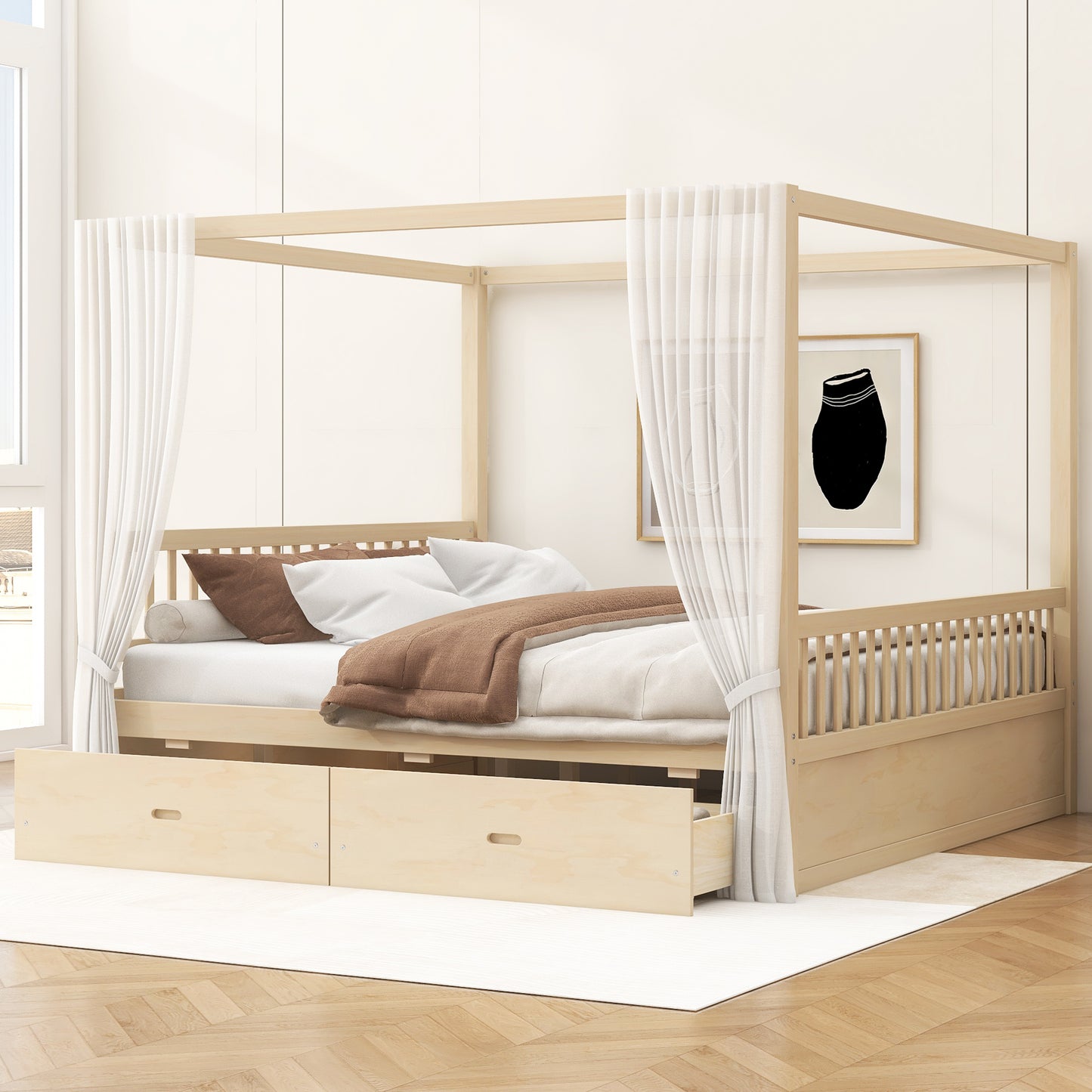 Wooden Canopy Bed with Storage Drawers, King size, Natural