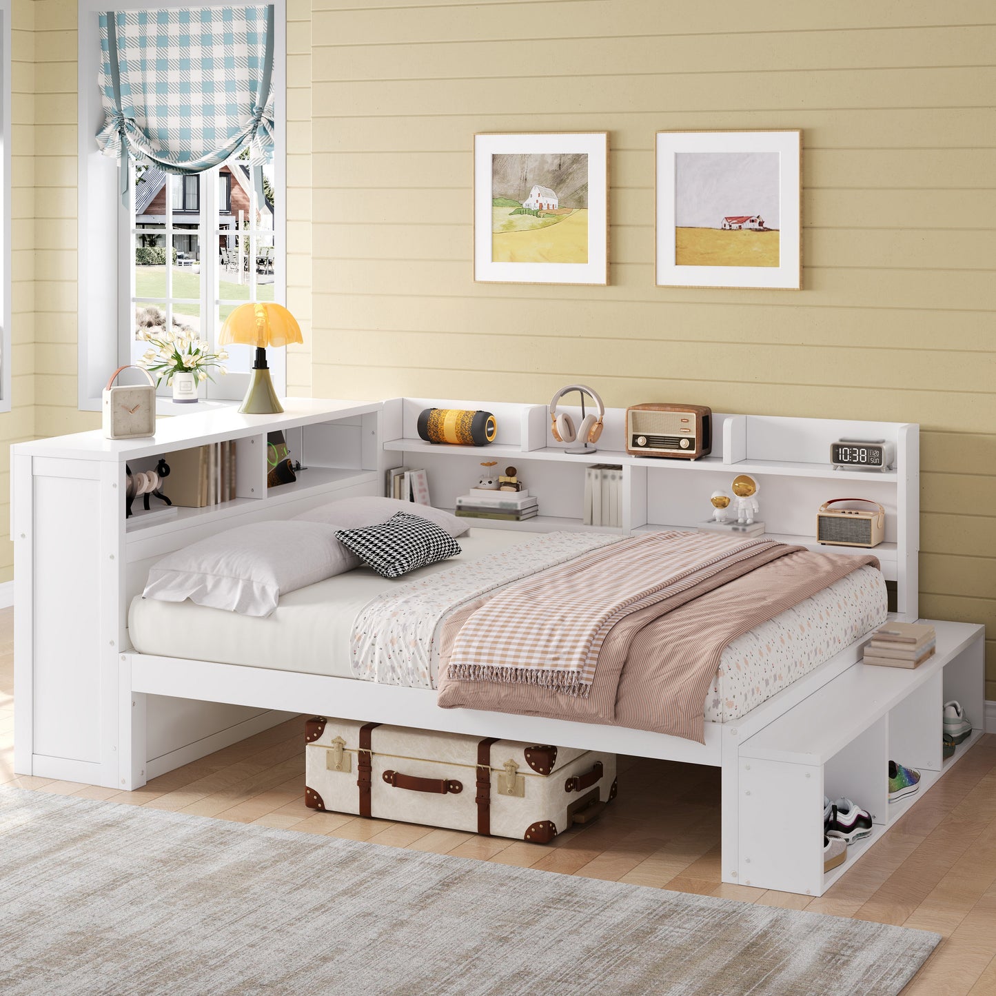 Full Size Daybed with Storage Cabinets, Shoe Cabinet and USB Ports, White