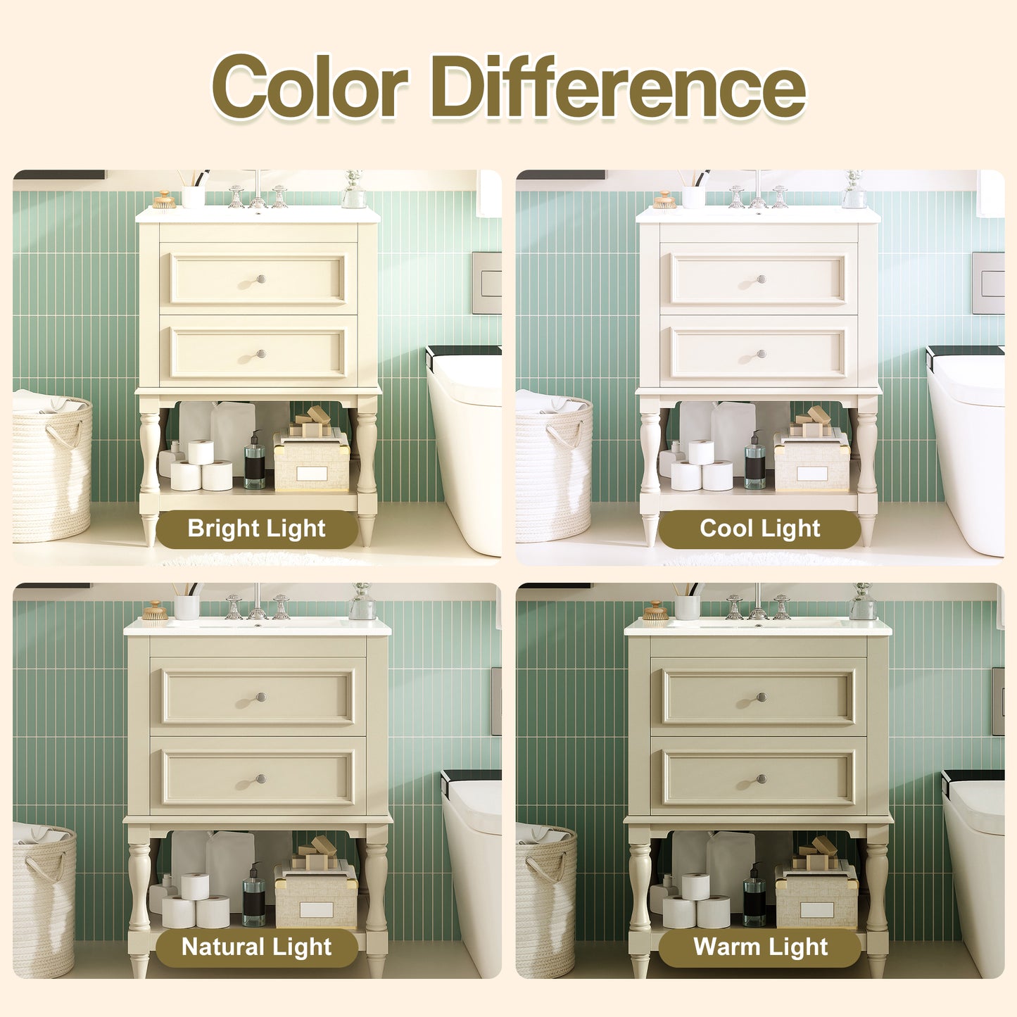 Beige Bathroom Vanity with Ceramic Sink - 24" Storage Cabinet