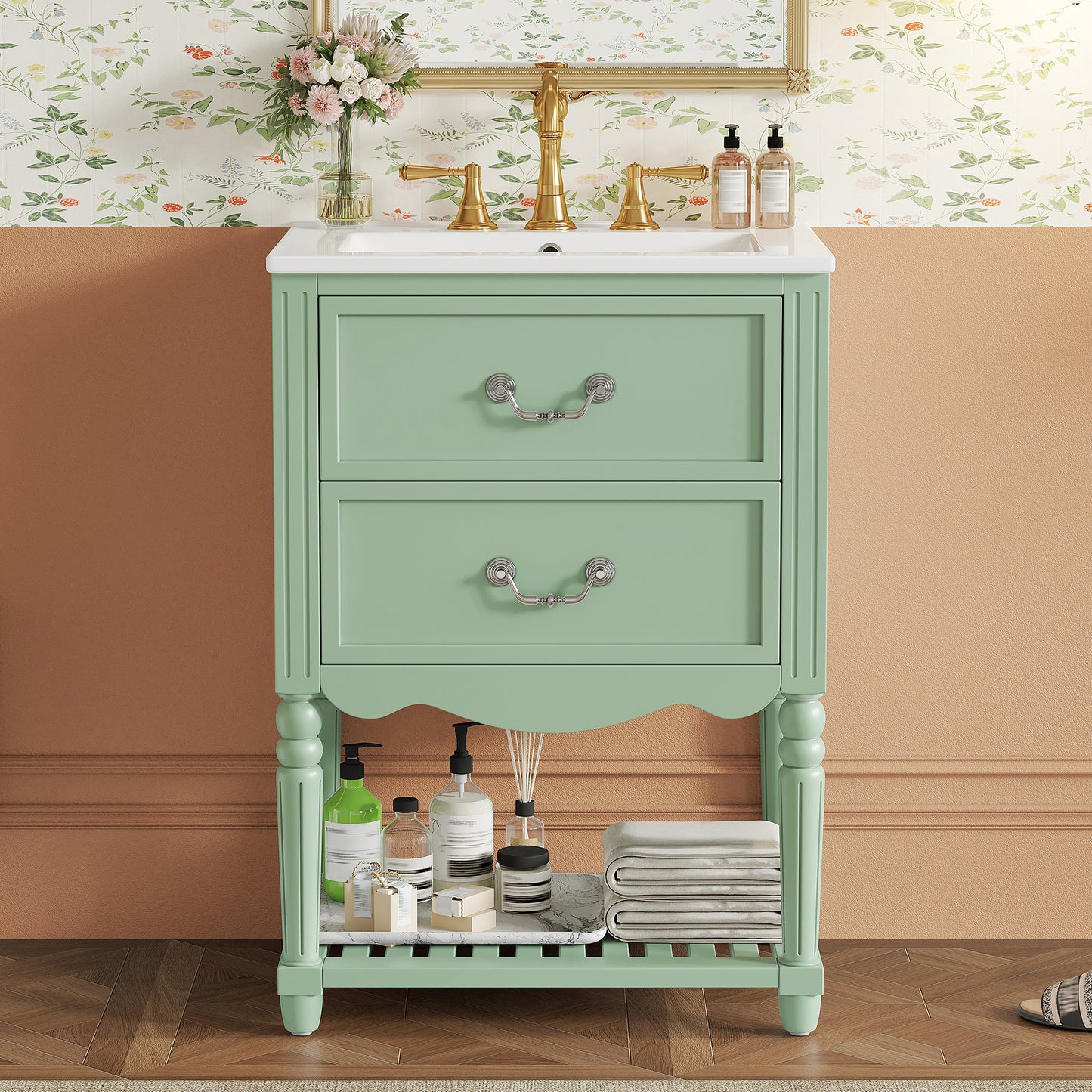 24'' Bathroom Vanity with Ceramic Sink, Bathroom Cabinet with Two Soft-Close Drawers and an Open Shelf, Vintage Elegant Wave Design
