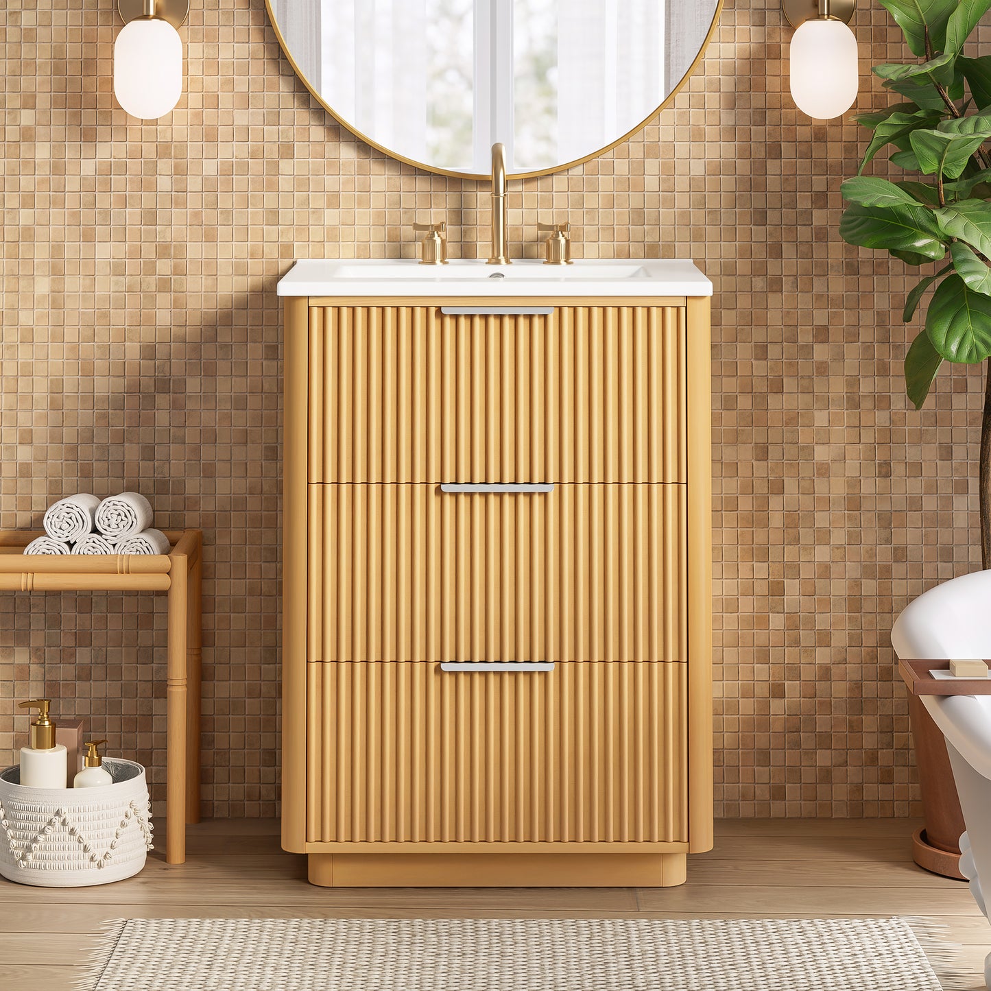 24 inch Modern Luxury Bathroom Vanity with Ceramic Sink, Bathroom Cabinet with Open Shelf and Closed Storage