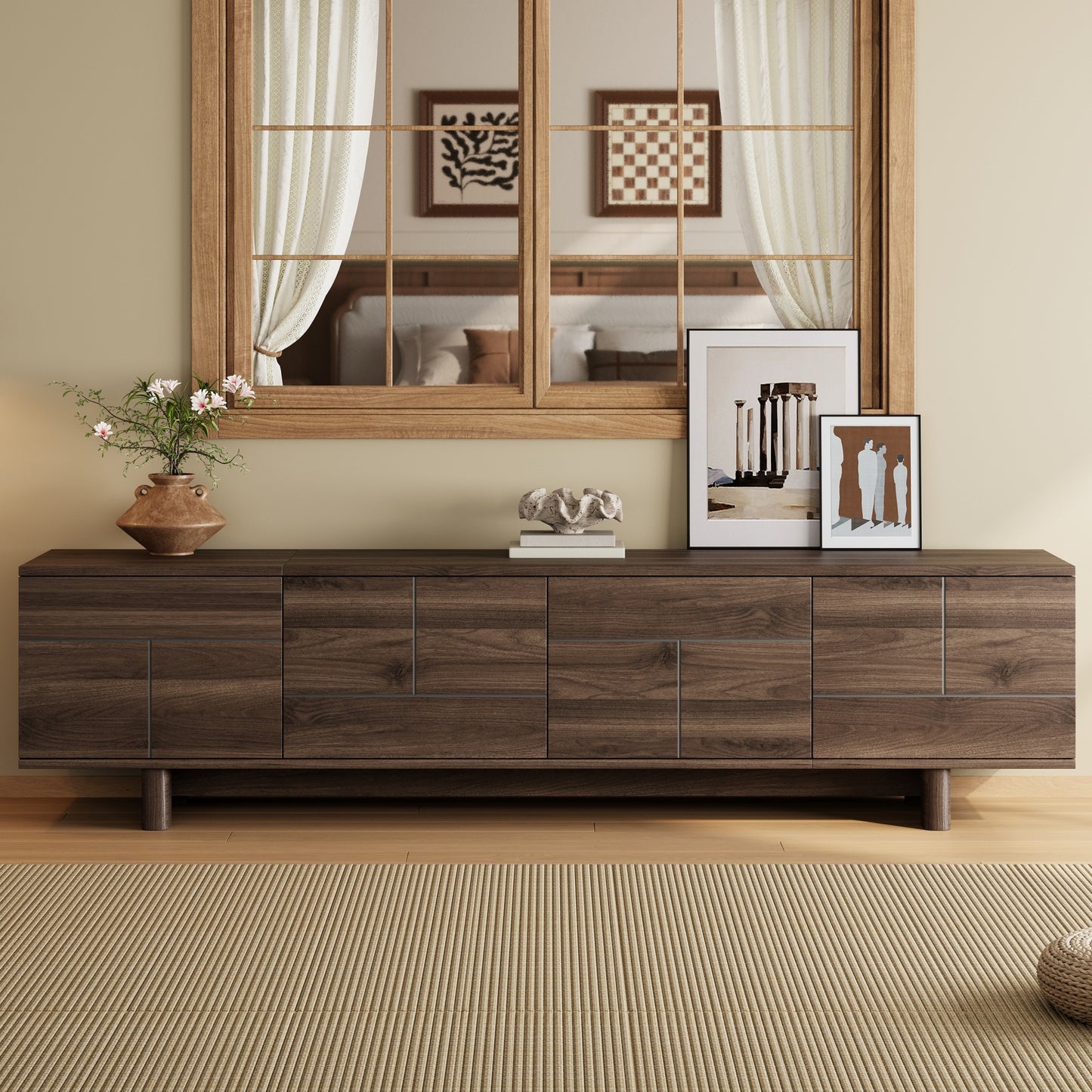 78 inch Modern TV Stand for TVs up to 85", Entertainment Center with with Solid Wood Legs, Cable Management, Push-Openers, Soft-Closing Hinges & Adjustable Shelves for Living Room
