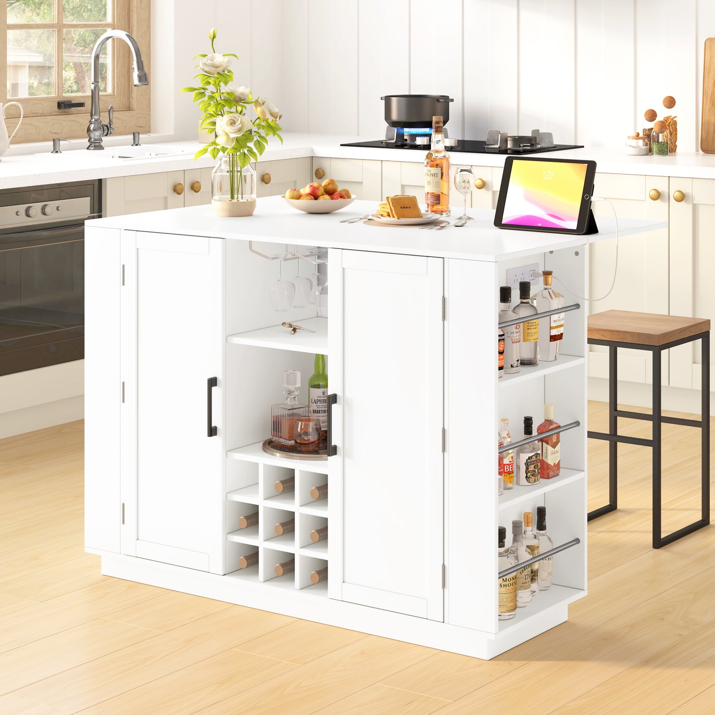 U-Style 47.2" Counter Height Table with Foldable Top & Power Outlet, Sideboard Buffet Cabinet & Bar Cabinet, Wine Rack & Stemware Holder, 2-Door Storage Cabinet for Dining Room (Chairs Not Included)