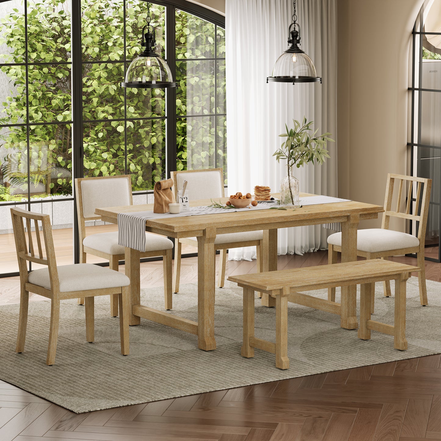 TREXM 6-Piece Farmhouse Dining Set for 6, Kitchen & Dining Room Sets with Solid Wood Legs and Frame, Ergonomic Dual-Style Chairs, Ideal for Kitchen & Dining Room (Natural Wood Wash+ Beige )