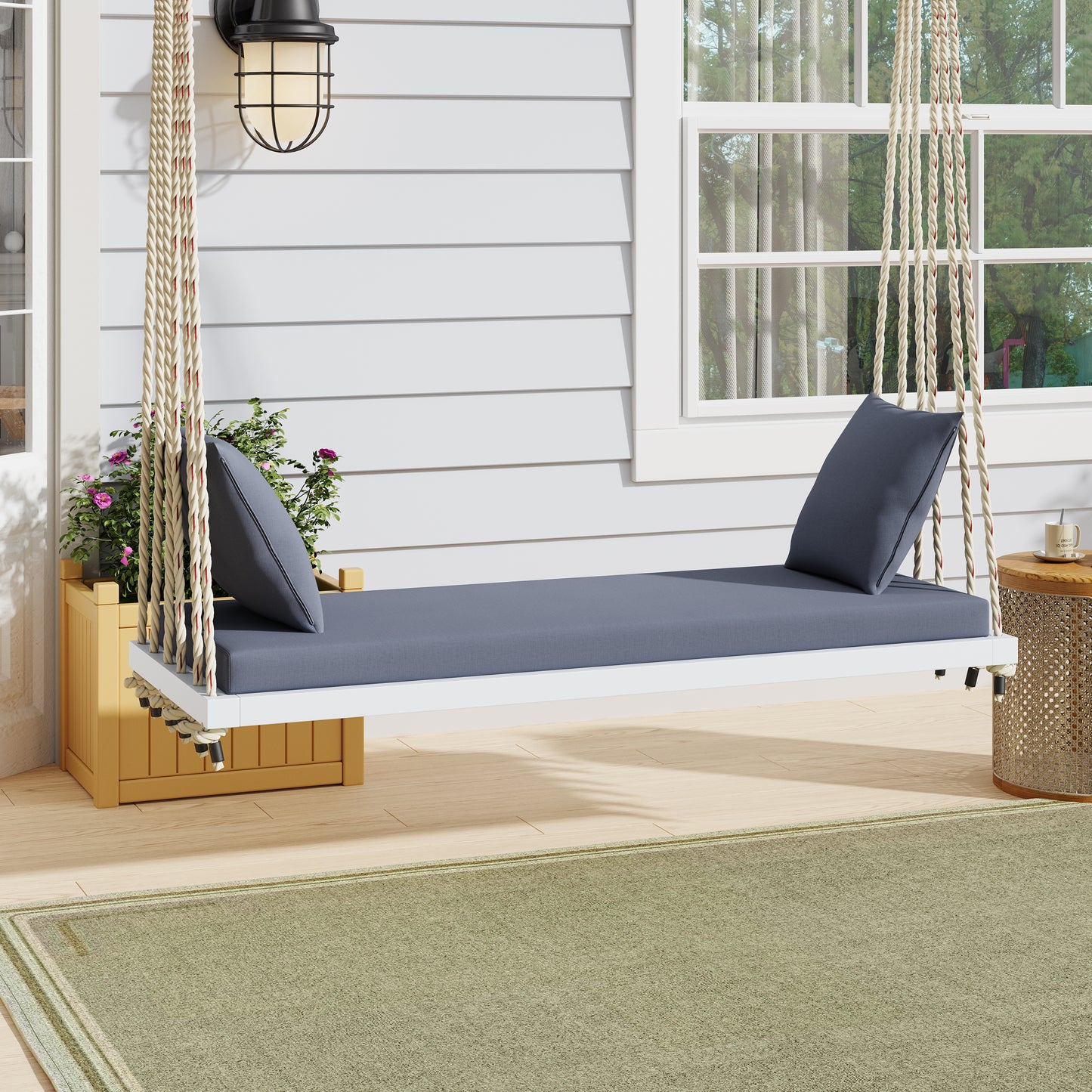 TOPMAX Patio Wooden Swing Chair, Hanging Porch Swing Bench with Cushion&Pillows, 10.8Ft Hemp Ropes for Garden,Backyard, Lawn,White