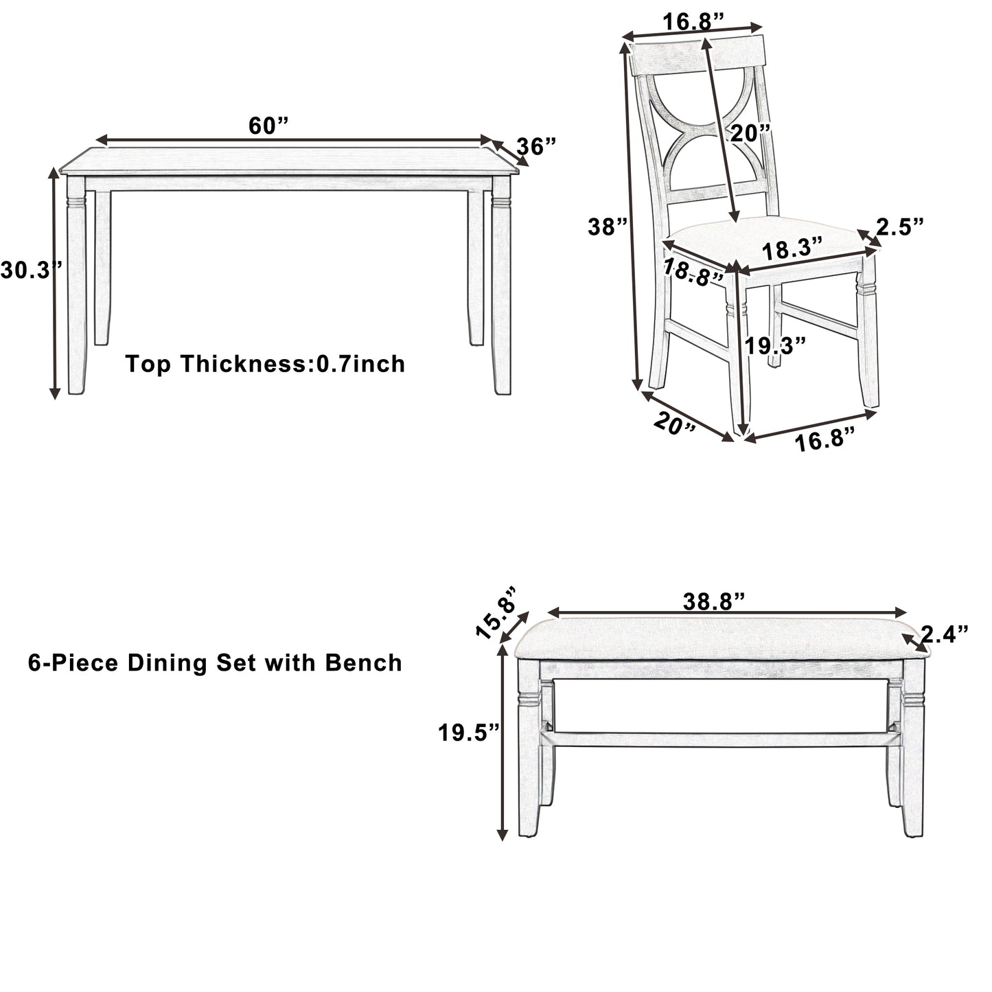 Farmhouse Dining Set with Bench, 4 Chairs, Solid Wood Table