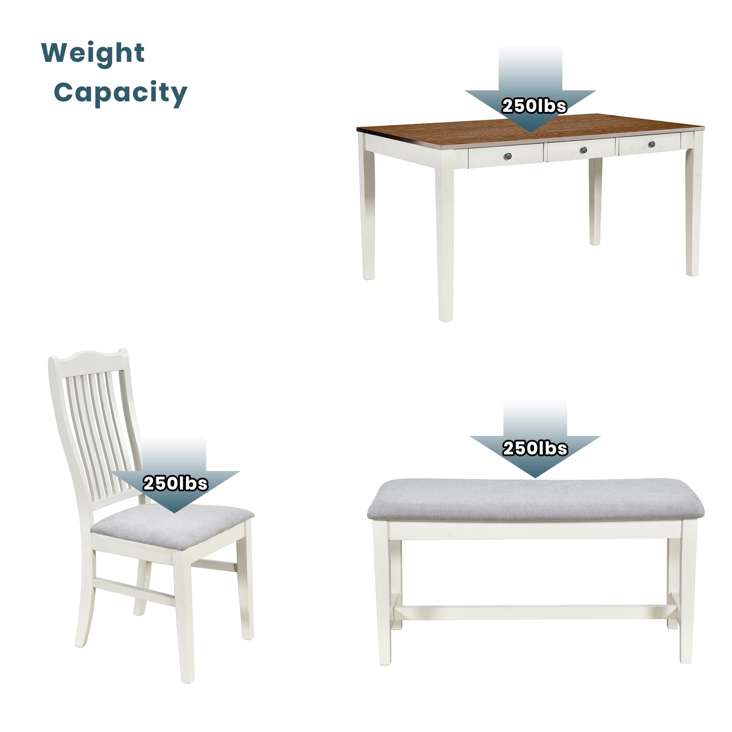 White Rubberwood Dining Table Set - 6 Piece with Bench & Chairs for Dining Room