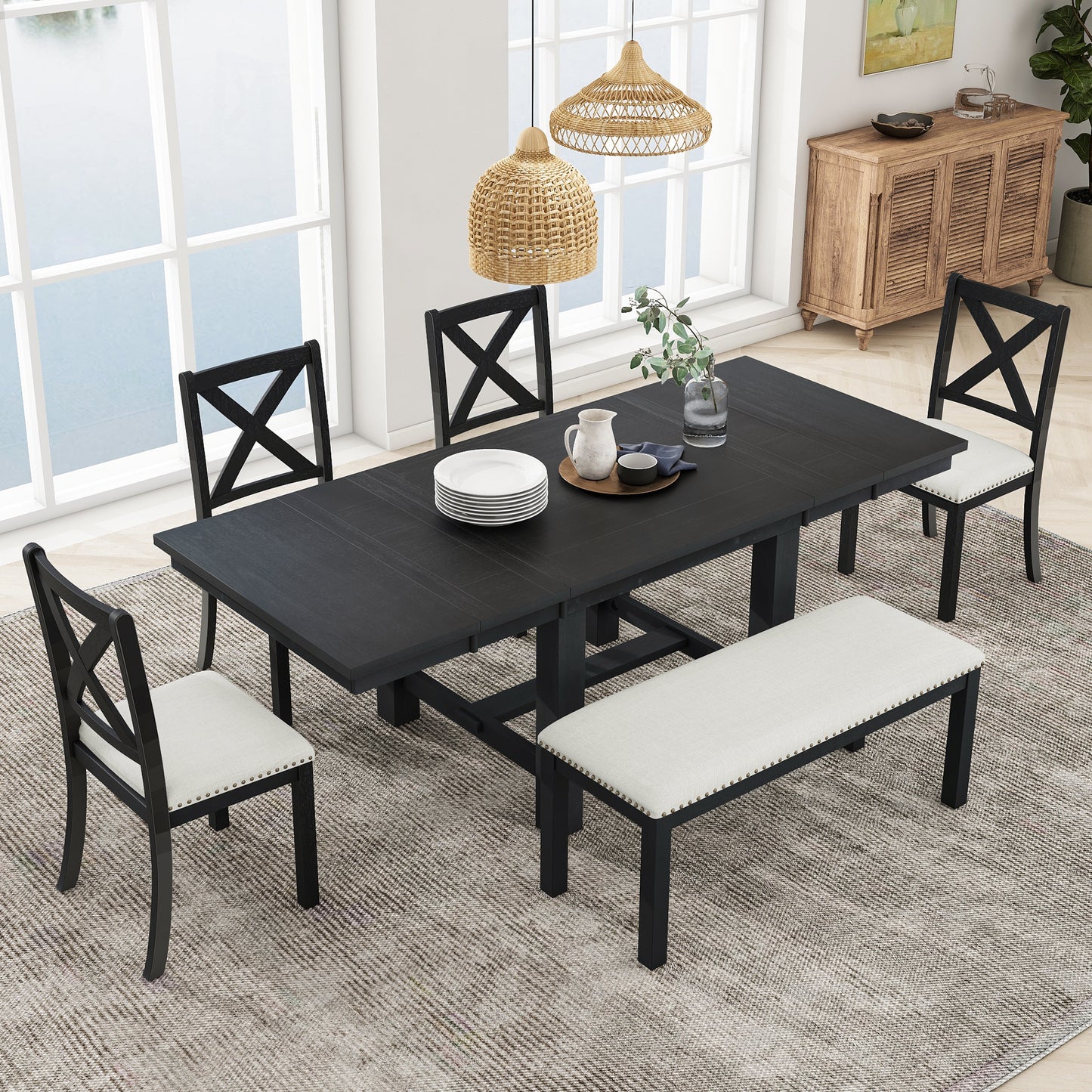 82 Inch Extendable Dining Table with 4 Chairs & Bench - Black Acacia Wood