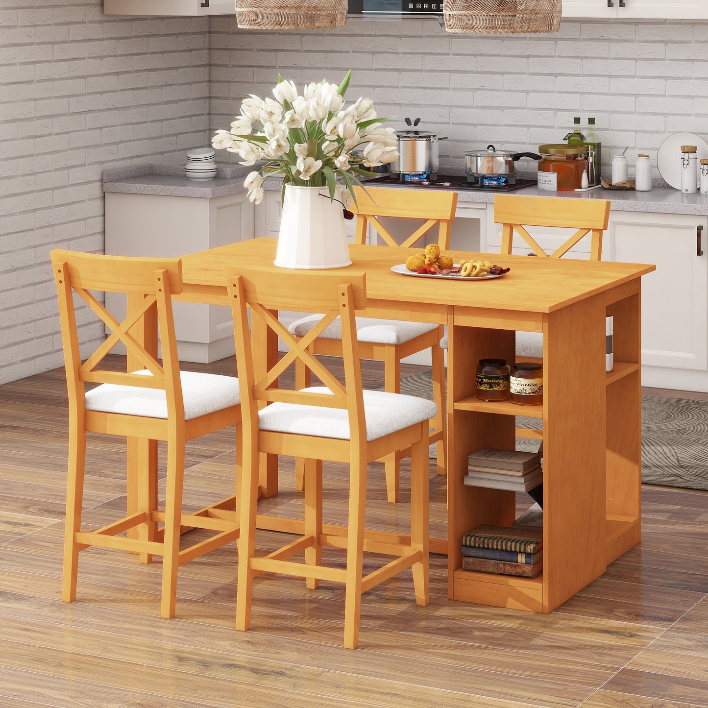 TOPMAX 60"Lx30"W Solid Wood Farmhouse Counter Height Dining Table Set with 3-Tier Storage Shelves, Upholstered Dining Chairs for 4, 5-Piece, Brown