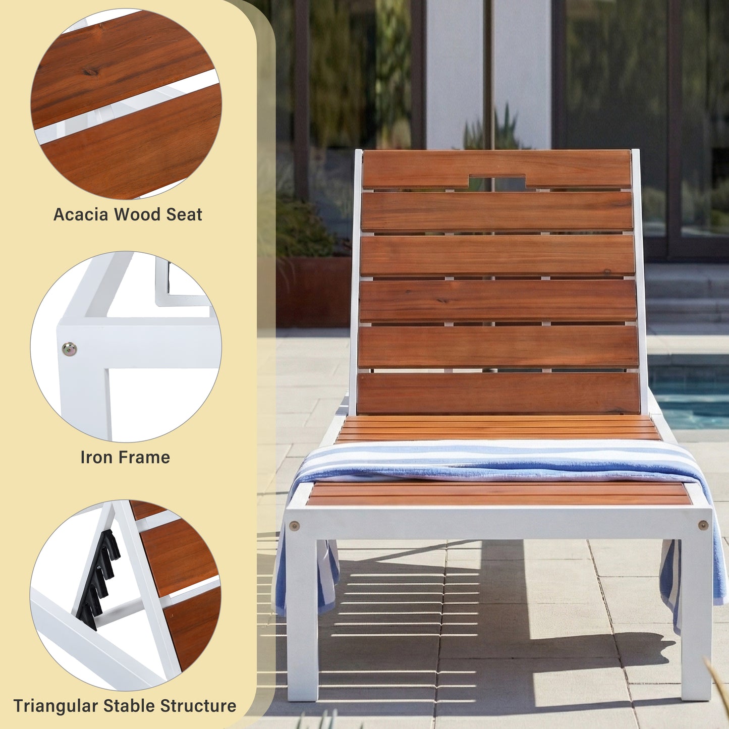 Brown & White Acacia Wood Patio Chaise Lounge