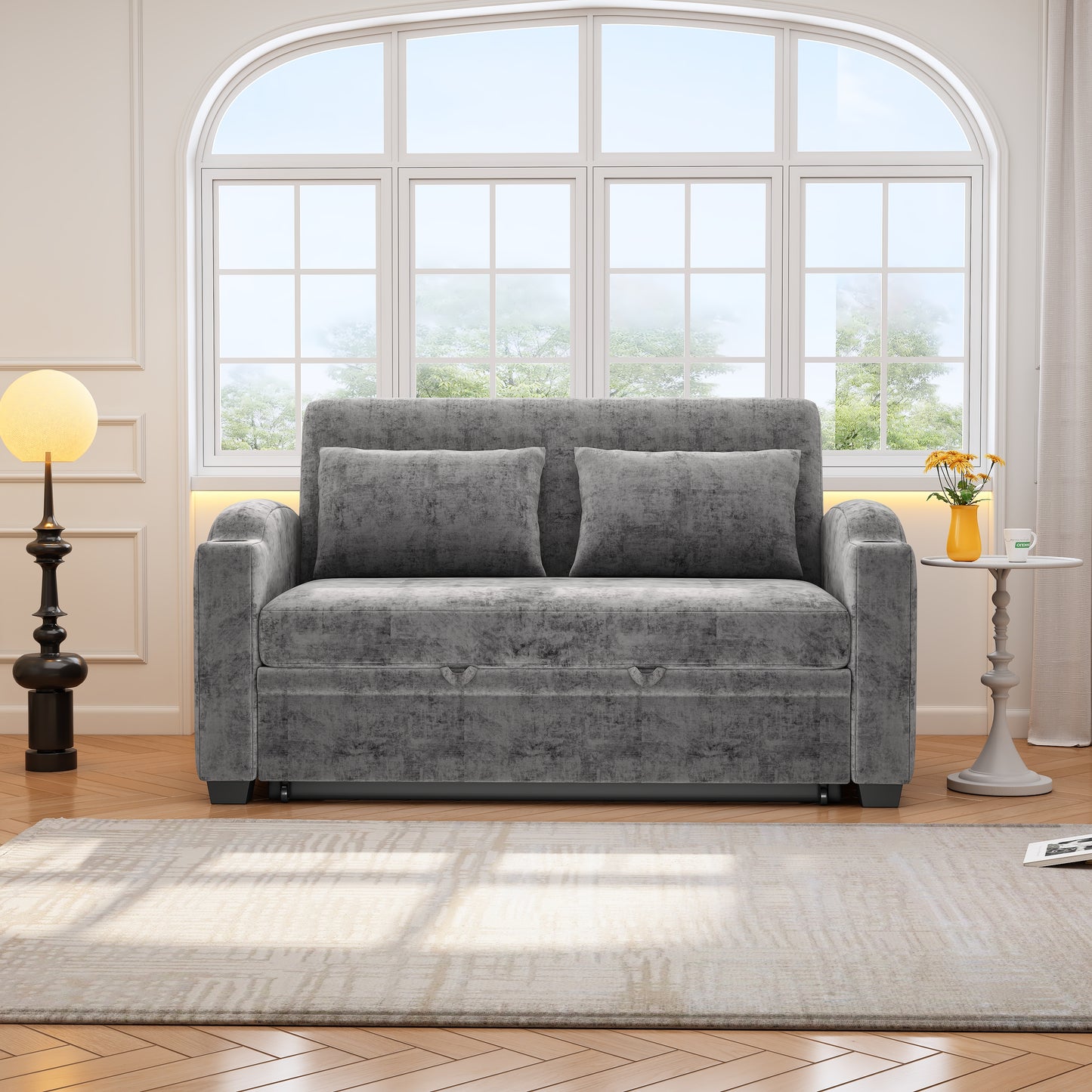 61.6" Pull Out Sofa Bed Modern Chenille Convertible Loveseat Sofa with Adjsutable Backrest, 2 Pillows, Cup Holders, USB Ports for Living Room, Apartment (Old SKU:WF307725AAE), Gray