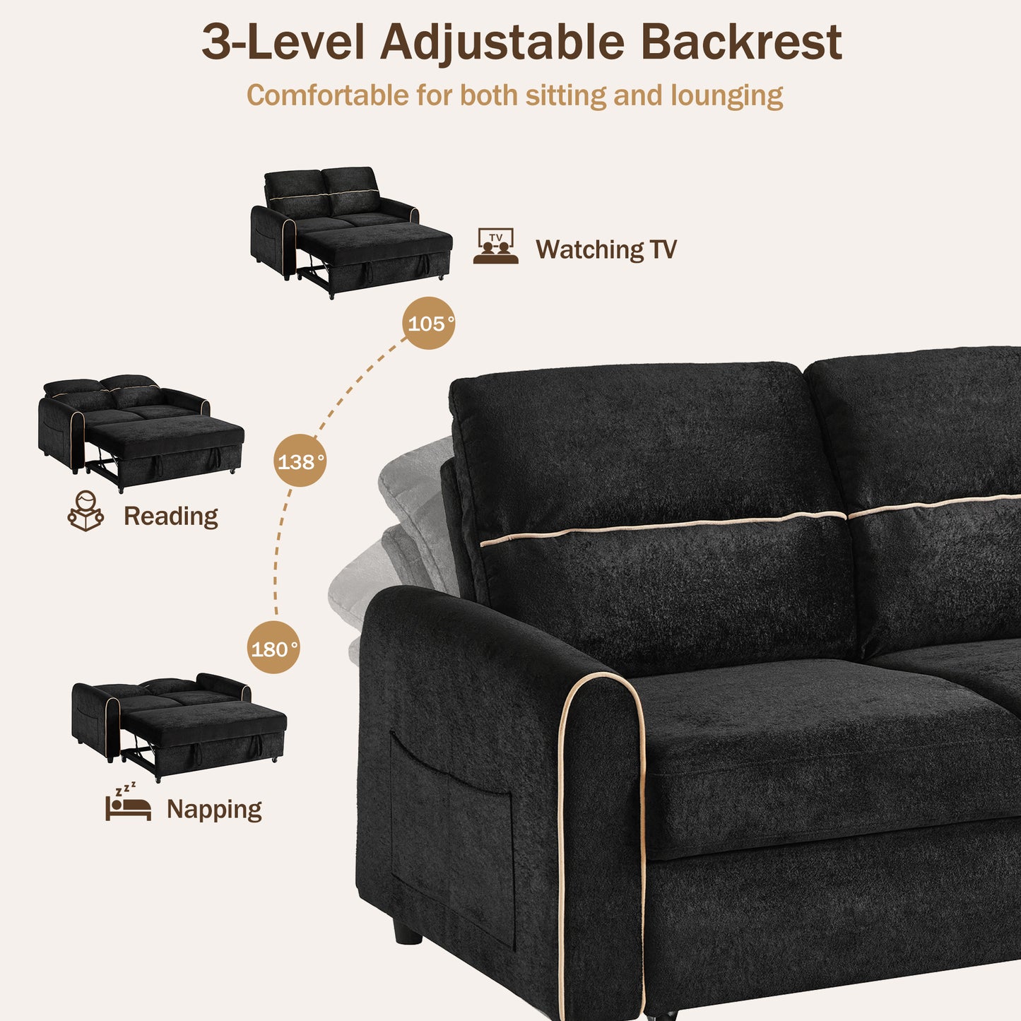 Black Chenille Sofa Bed - 2 Seat Sleeper with Storage for Living Room