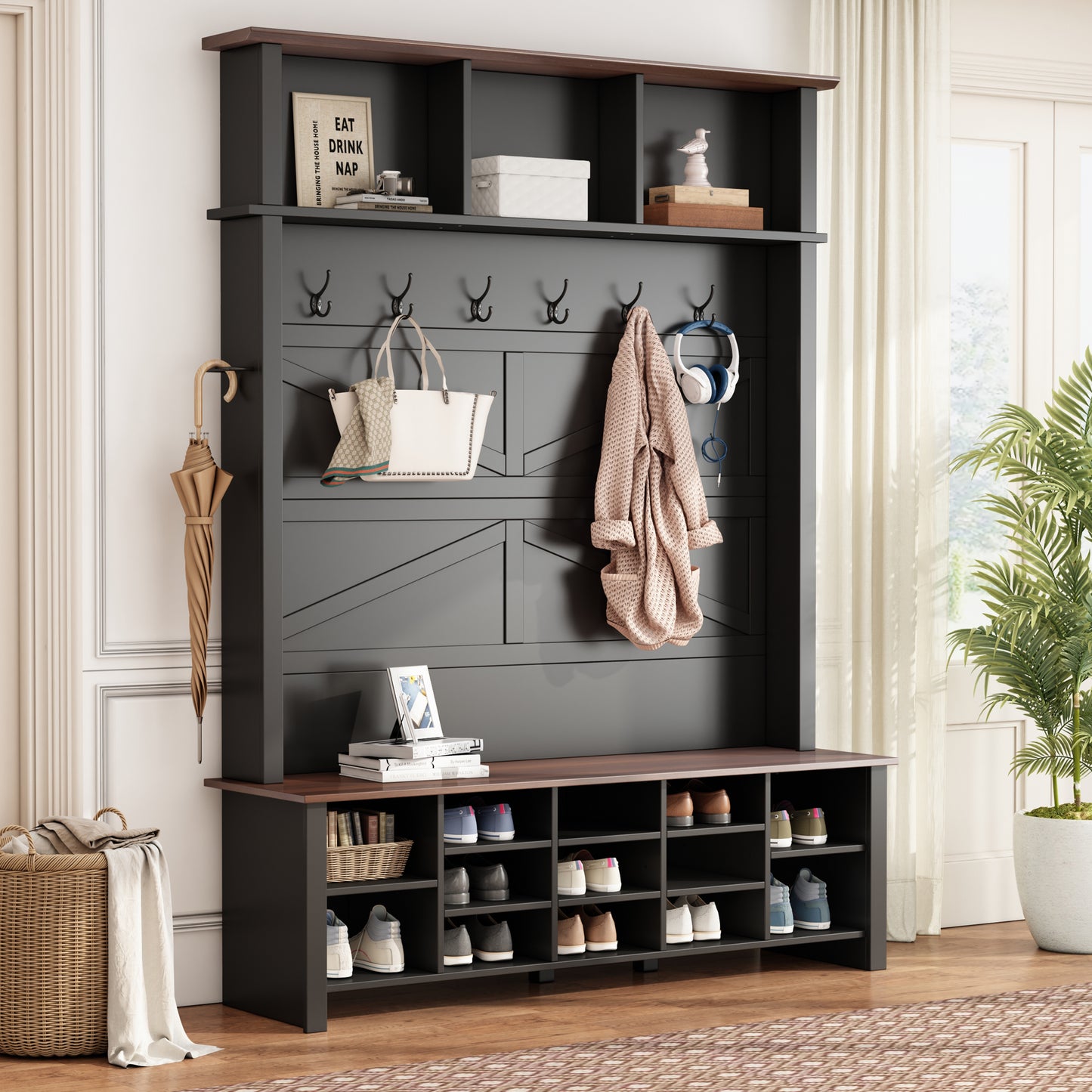 Farmhouse 4-in-1 Hall Tree with 6 Hooks, Practical Walnut Entryway Bench with Adjustable Shelves, Wooden Shoe Organizer with 16 Compartments for Mudroom, Living Room, Black (OLD SKU: N721S000064B-1)