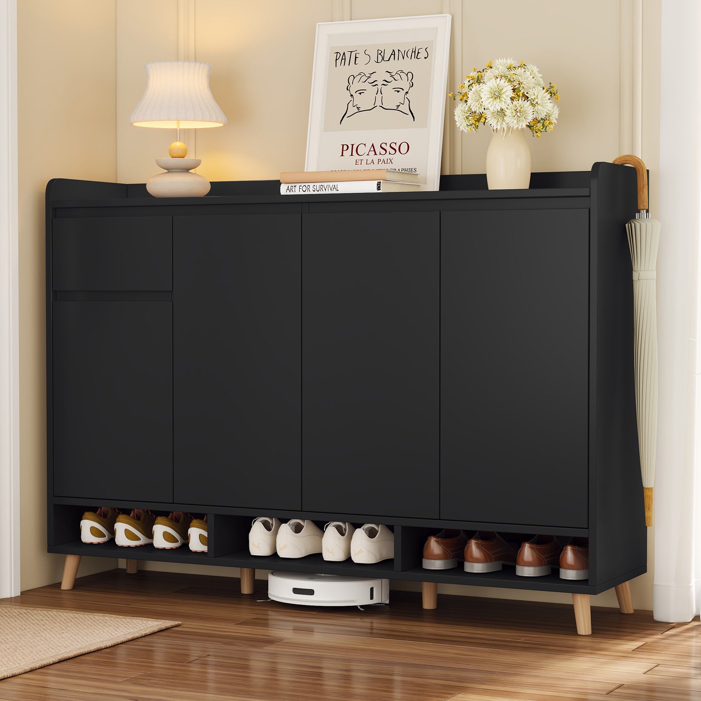 ON-TREND Sleek and Contemporary Shoe Cabinet with Adjustable Shelves, Minimalist Home Organizer with Solid Wood Legs, Storage Sideboard for Entryway, Living Room, Black (OLD SKU: WF321211AAB)
