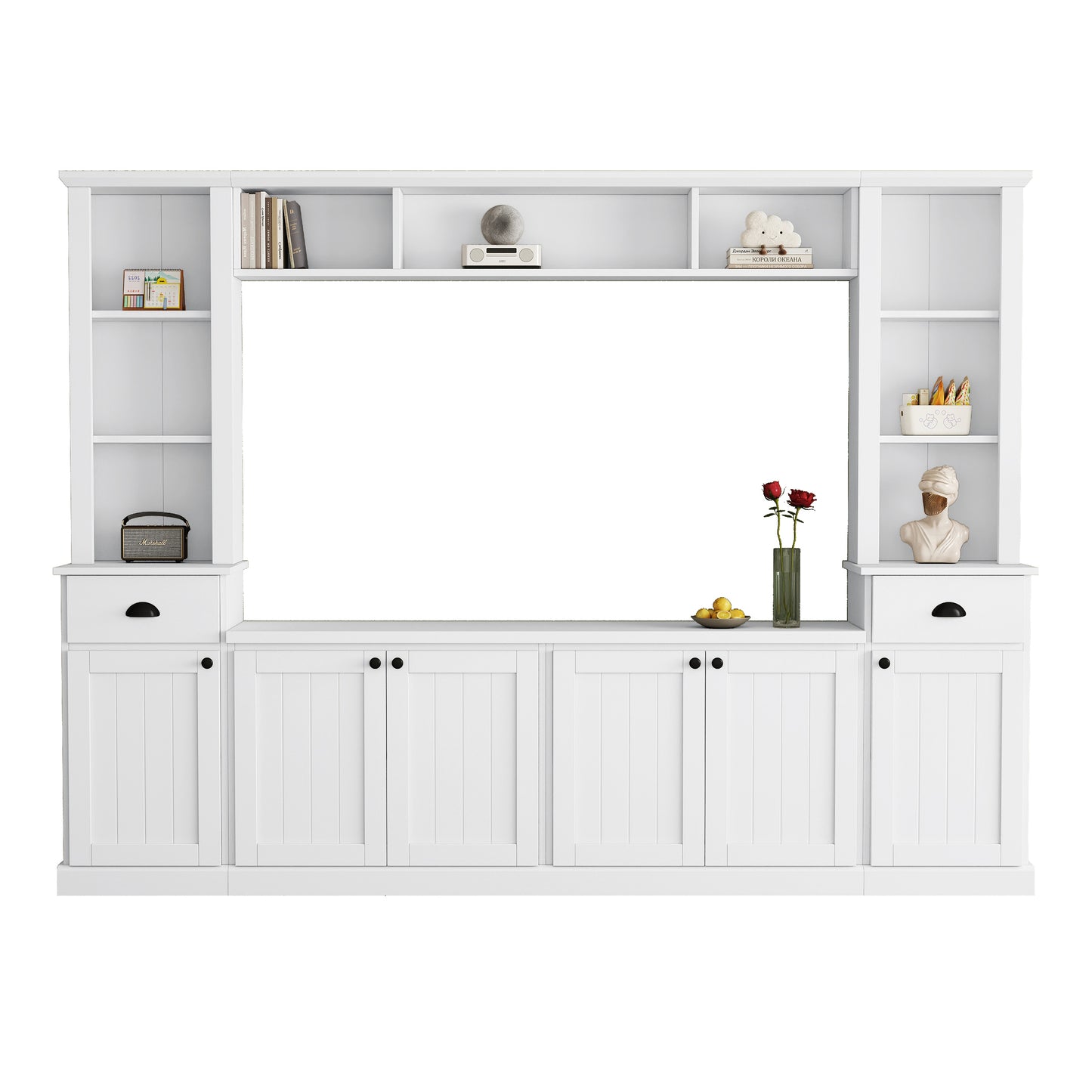 Large White TV Stand Set with Storage Shelves for Living Room