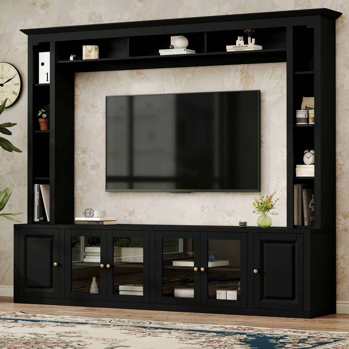 4-Piece Modern Entertainment Center Wall Unit with Bookshelves, All-in-1 Large TV Stand with Tempered Glass Door for TVs Up to 80", 92inch Media Console with Adjustable Shelves for Living Room, Black