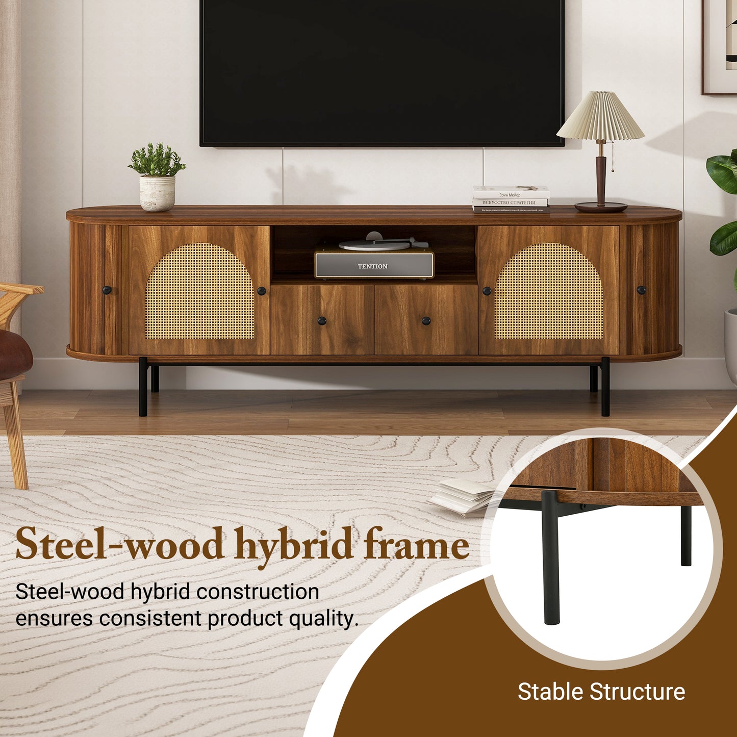 Antique Brown TV Stand with Rattan Doors - 70.9" Wide